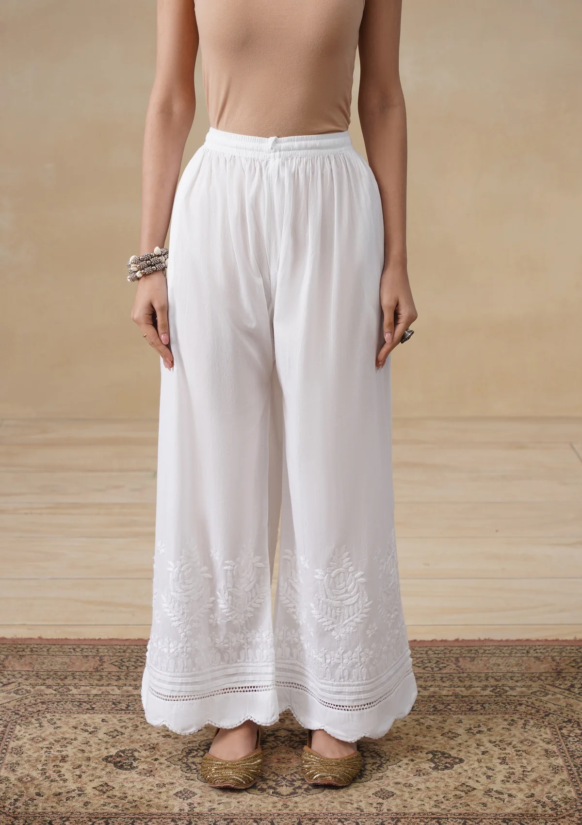 HOC Cotton Chikankari Solid Women's Palazzo - White