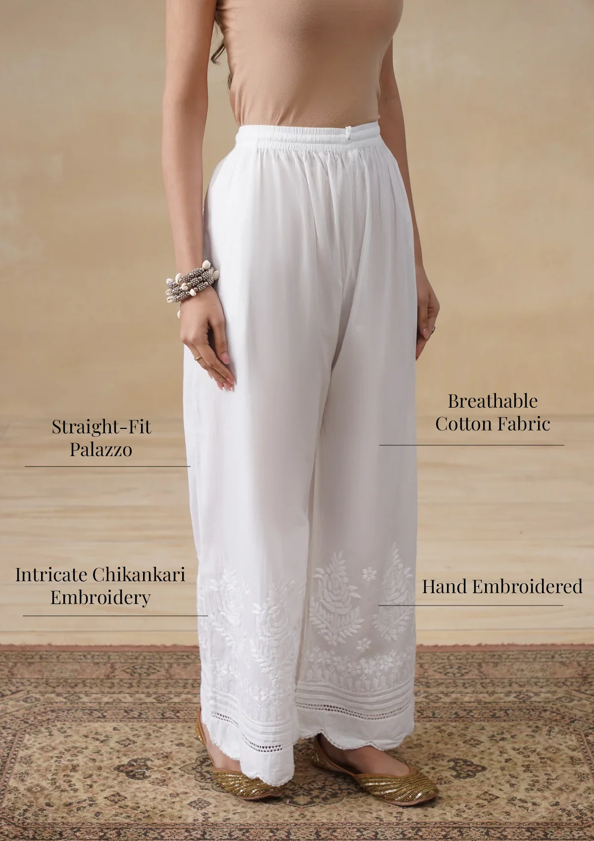 HOC Cotton Chikankari Solid Women's Palazzo - White - Image 7
