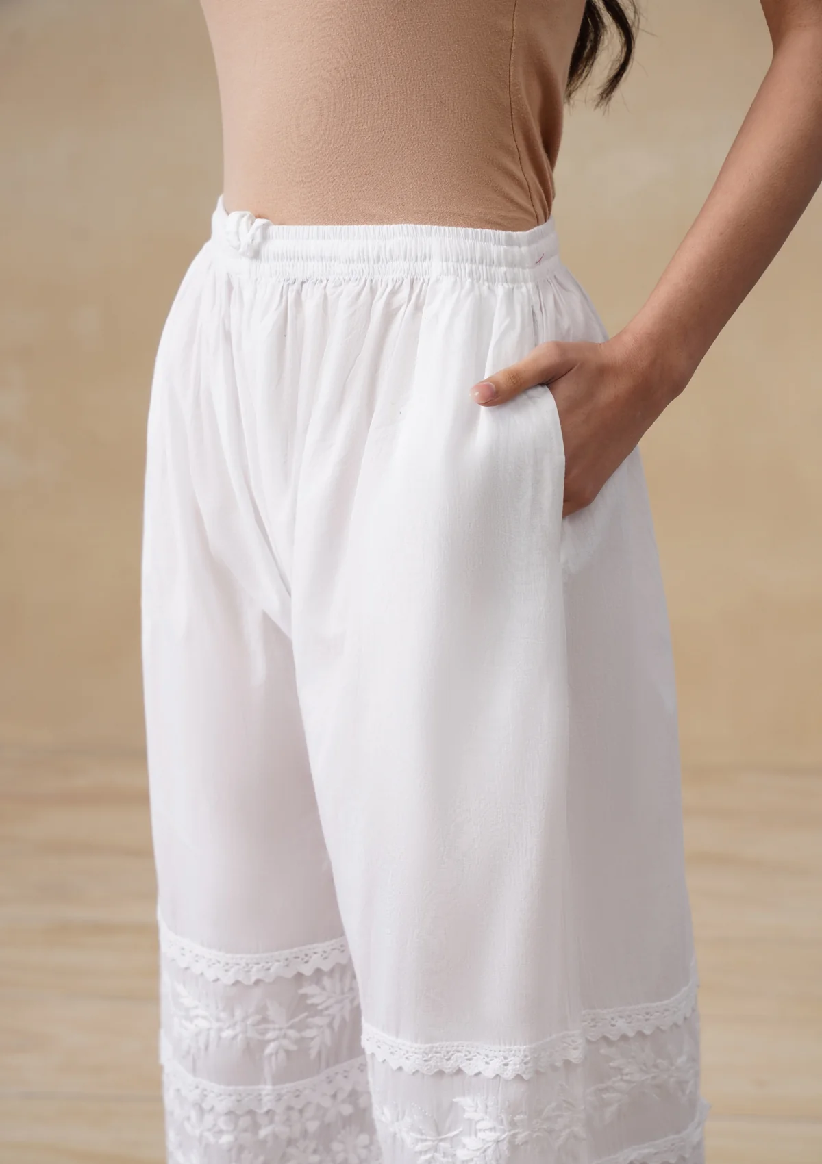 HOC Cotton Chikankari Solid Women's Palazzo - White - Image 4
