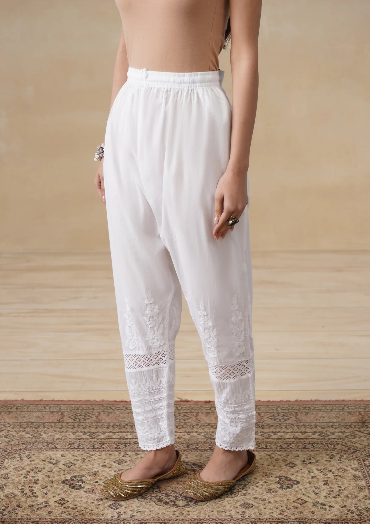 HOC Cotton Chikankari Solid Women's Pant - White - Image 2