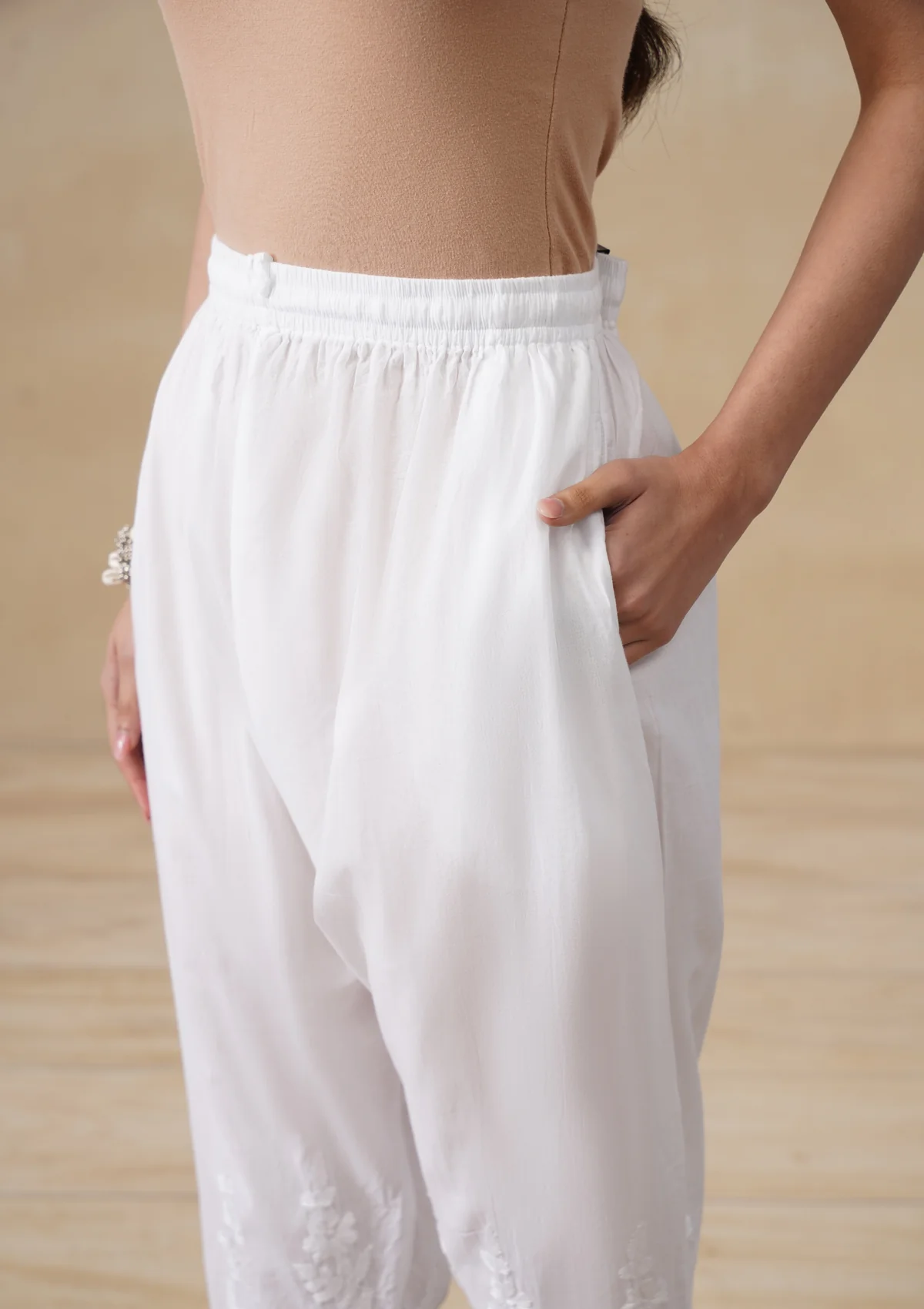 HOC Cotton Chikankari Solid Women's Pant - White - Image 4