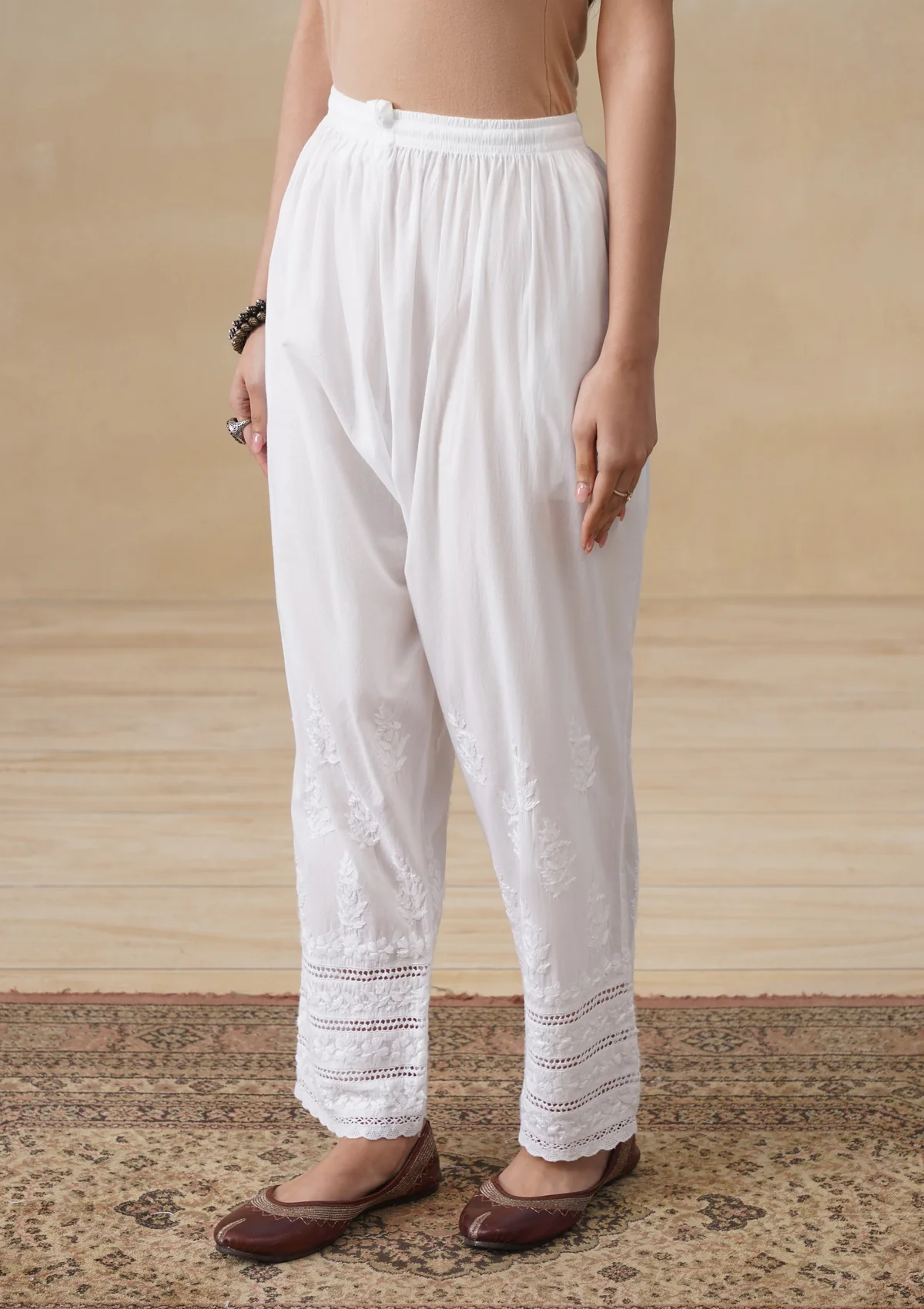 HOC Cotton Chikankari Solid Women's Pant - White - Image 2