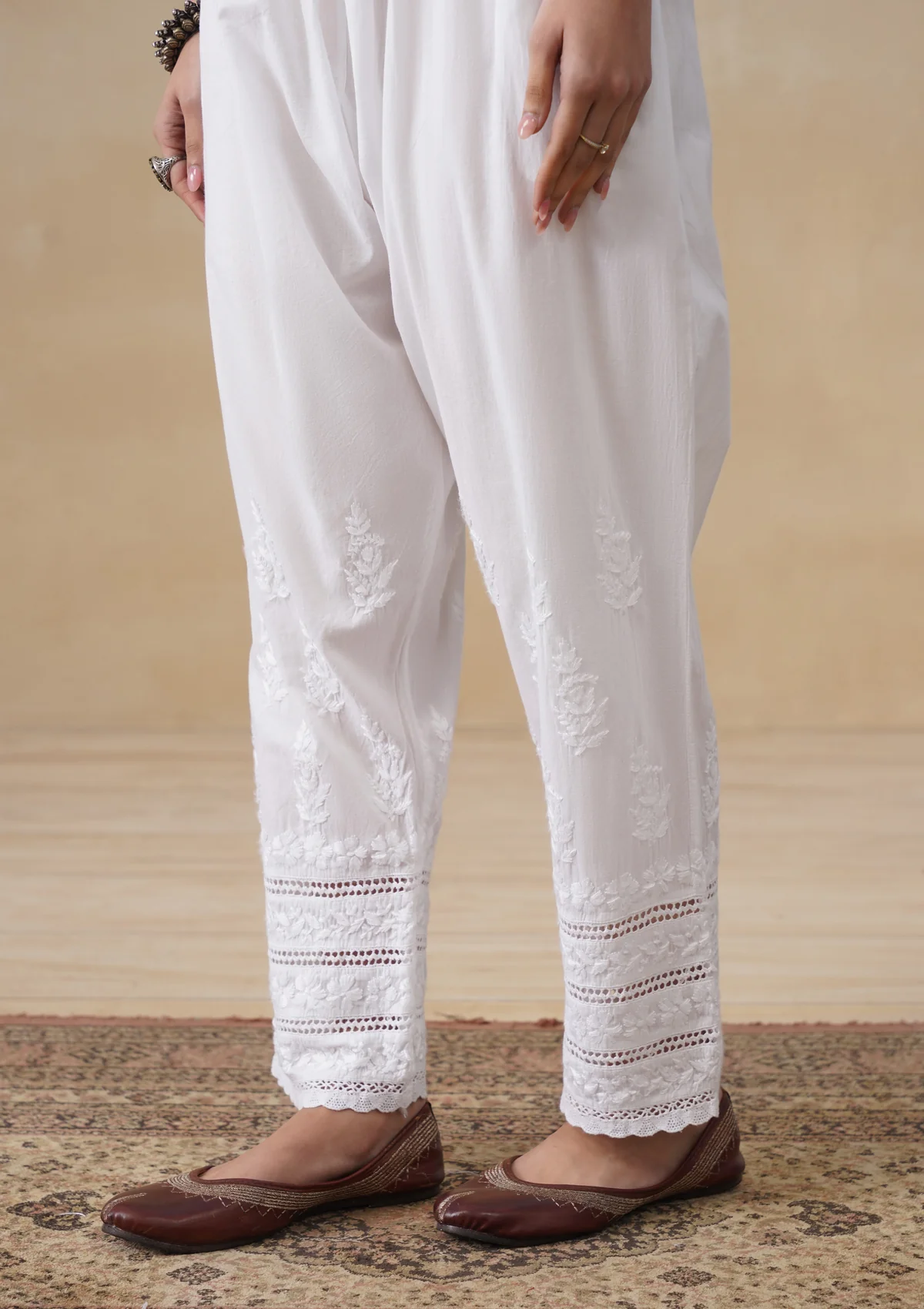 HOC Cotton Chikankari Solid Women's Pant - White - Image 5