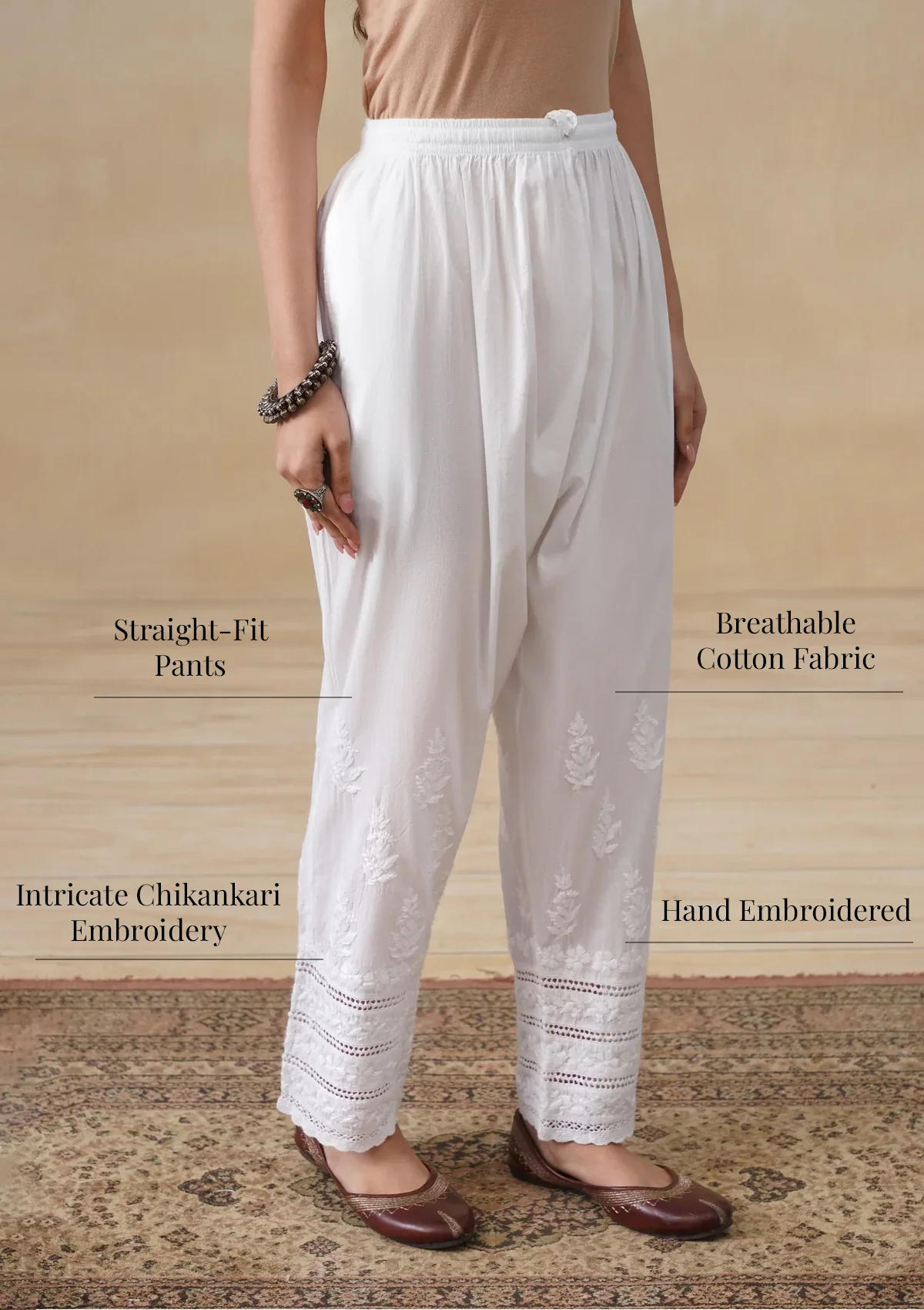 HOC Cotton Chikankari Solid Women's Pant - White - Image 7