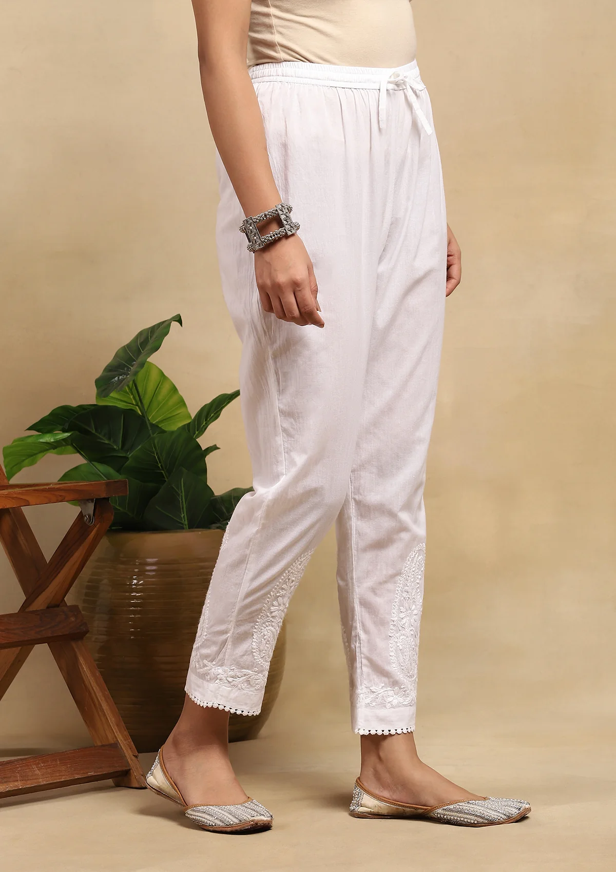 HOC Cotton Chikankari Solid Women's Pants With Lace - White - Image 4