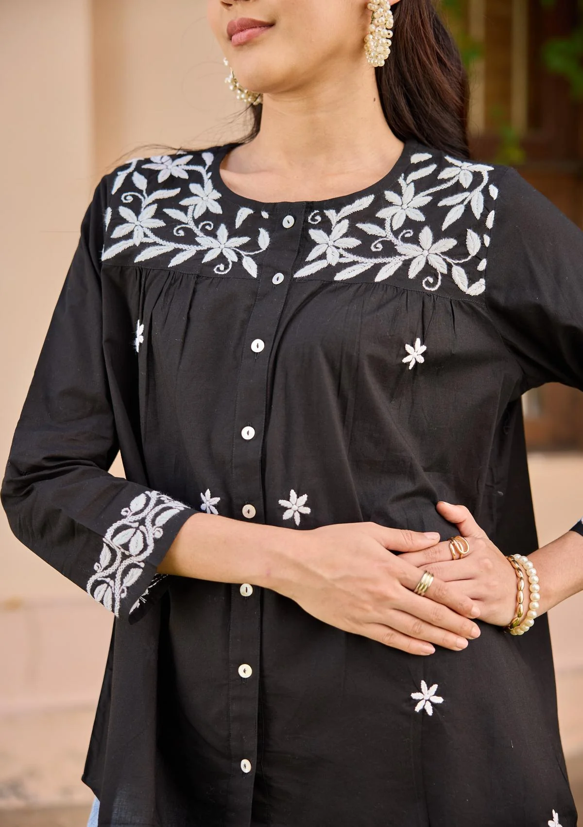 HOC Cotton Chikankari Solid Women's Shirt - Black - Image 4