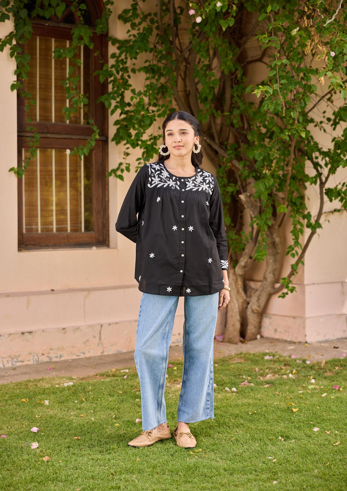 HOC Cotton Chikankari Solid Women's Shirt - Black - Image 5