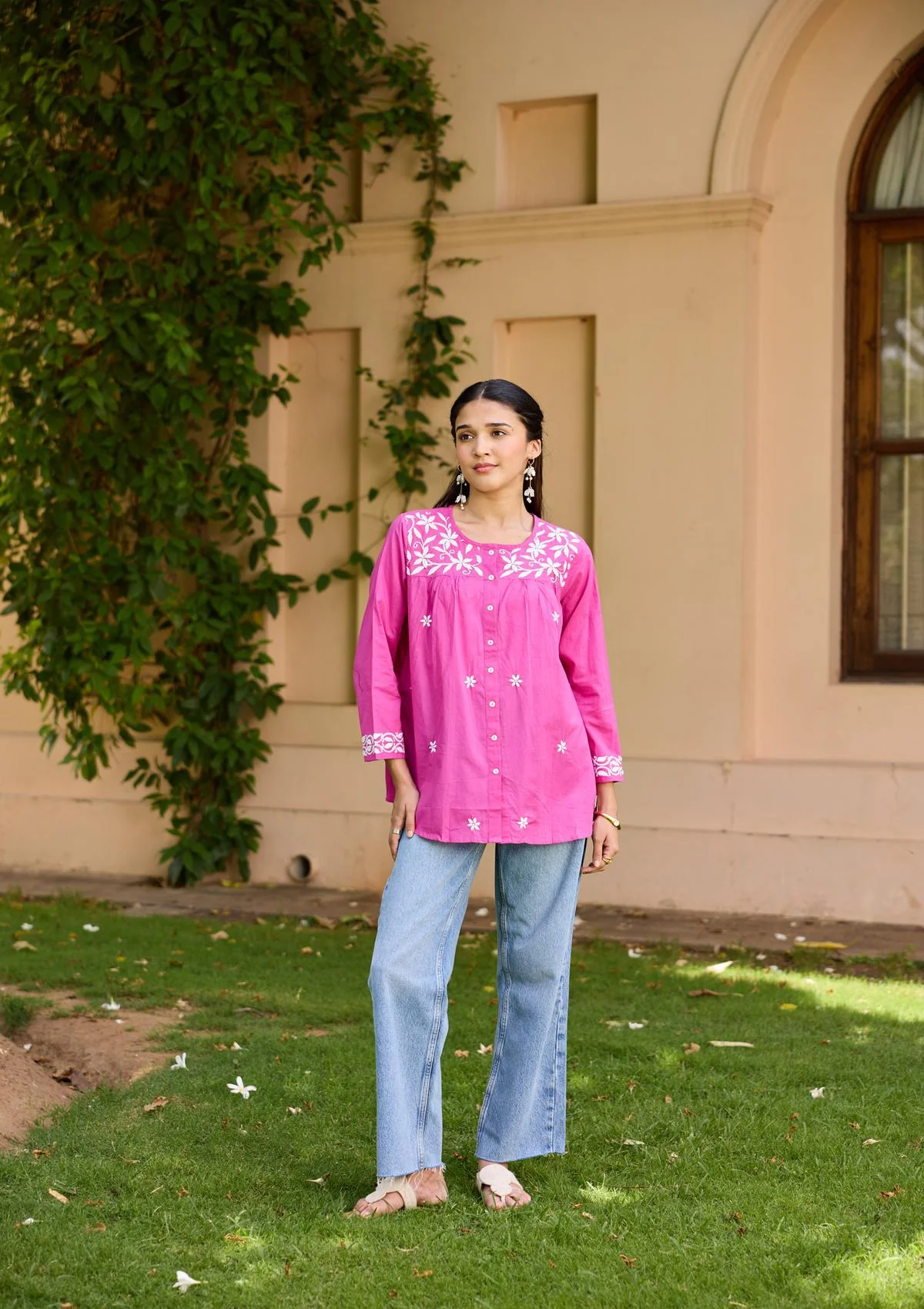 HOC Cotton Chikankari Solid Women's Shirt - Pink - Image 3
