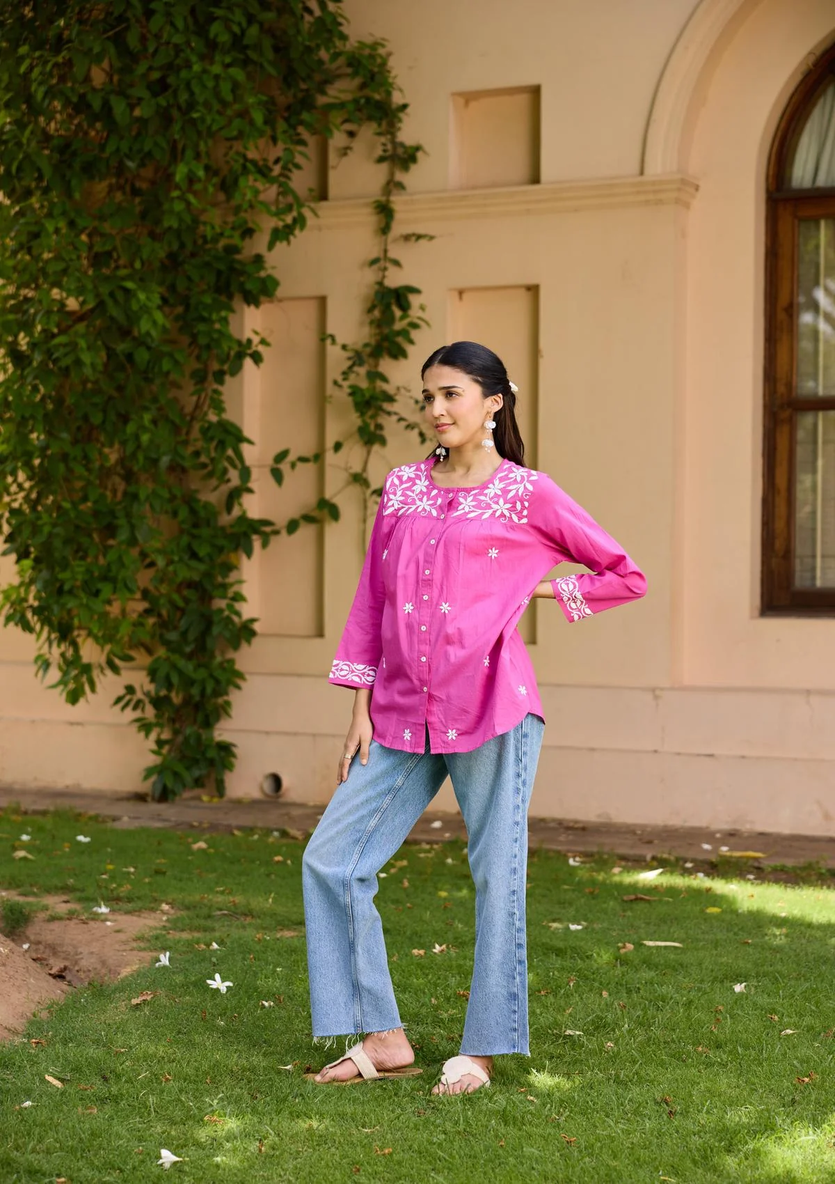 HOC Cotton Chikankari Solid Women's Shirt - Pink - Image 4