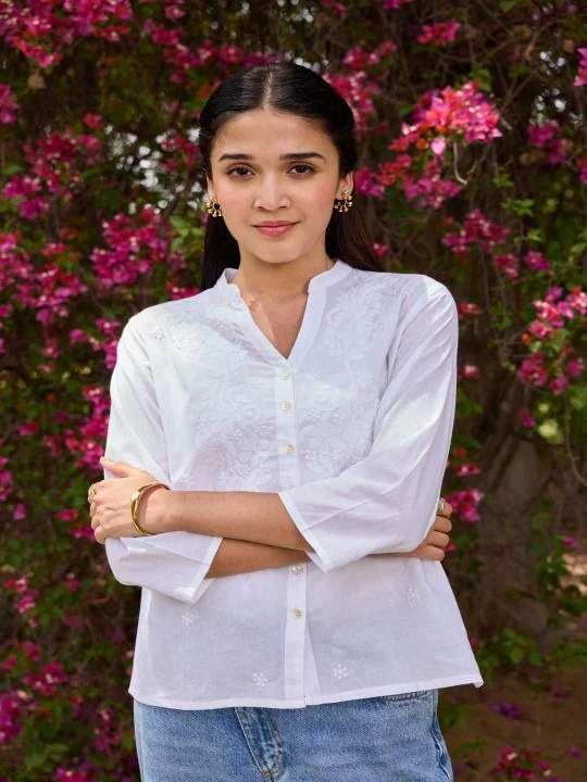 HOC Cotton Chikankari Solid Women's Shirt - White - Image 5
