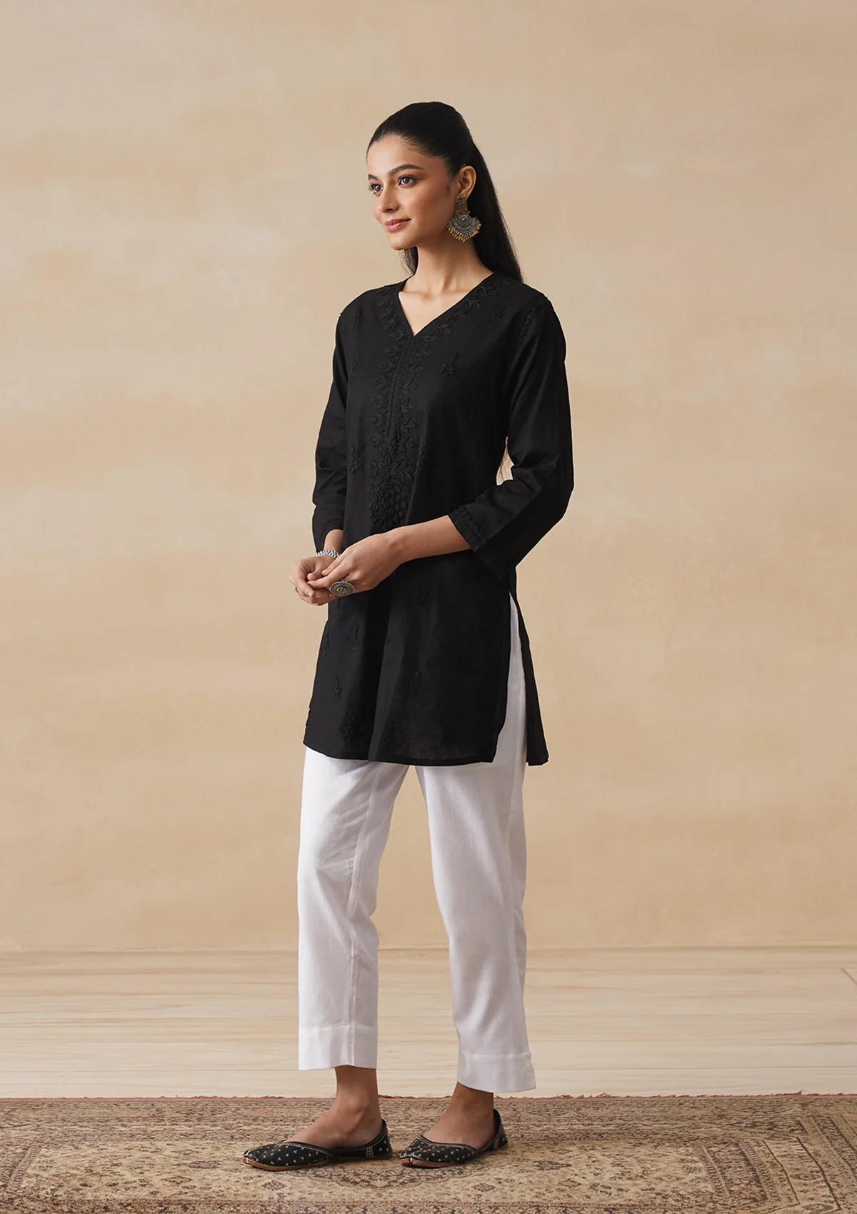 HOC Cotton Chikankari Solid Women's Short Kurta - Black - Image 3