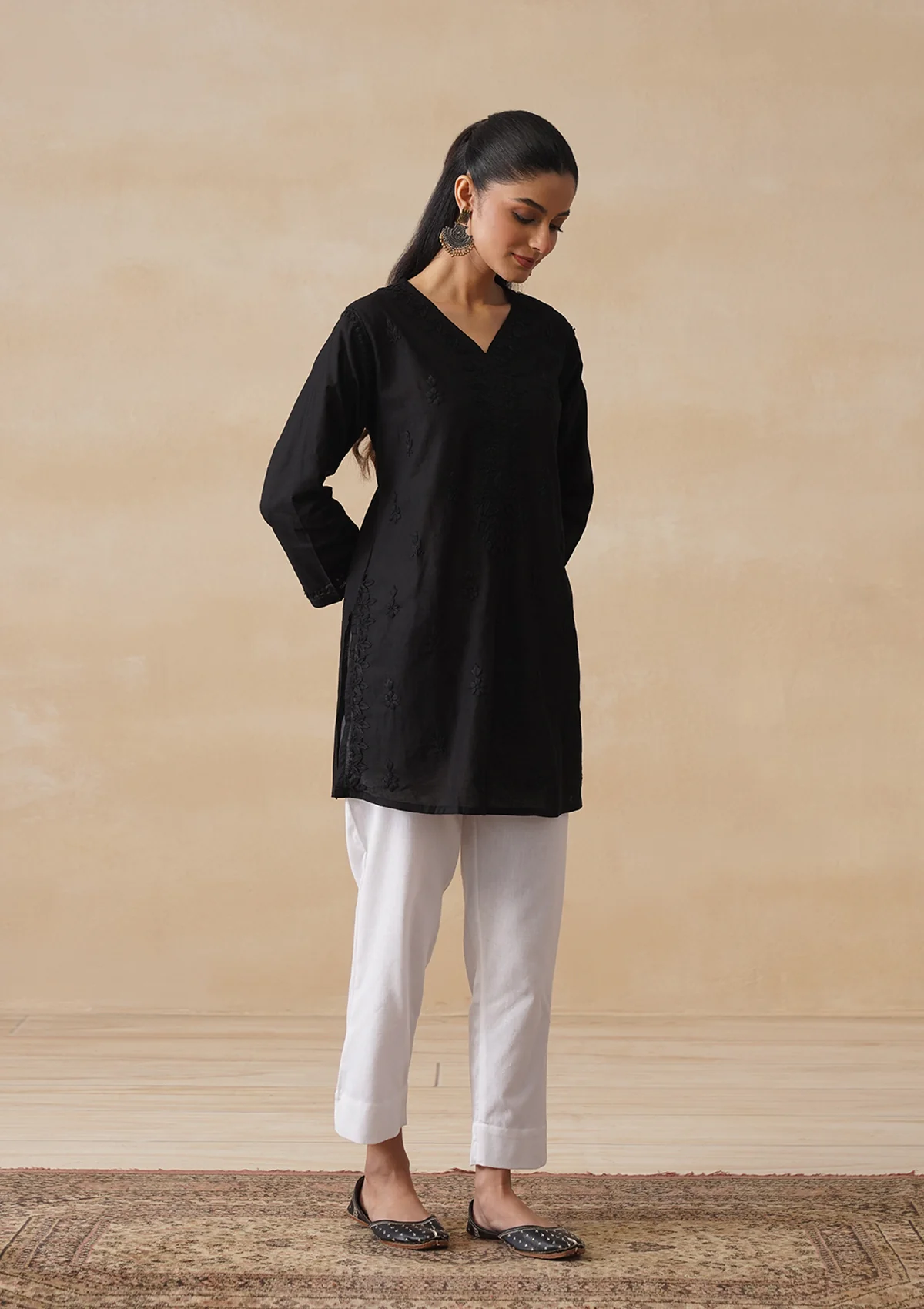 HOC Cotton Chikankari Solid Women's Short Kurta - Black - Image 6