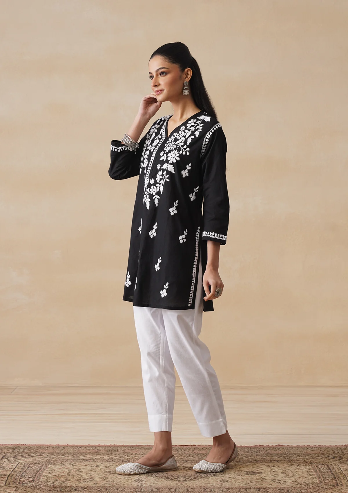 HOC Cotton Chikankari Solid Women's Short Kurta - Black - Image 3