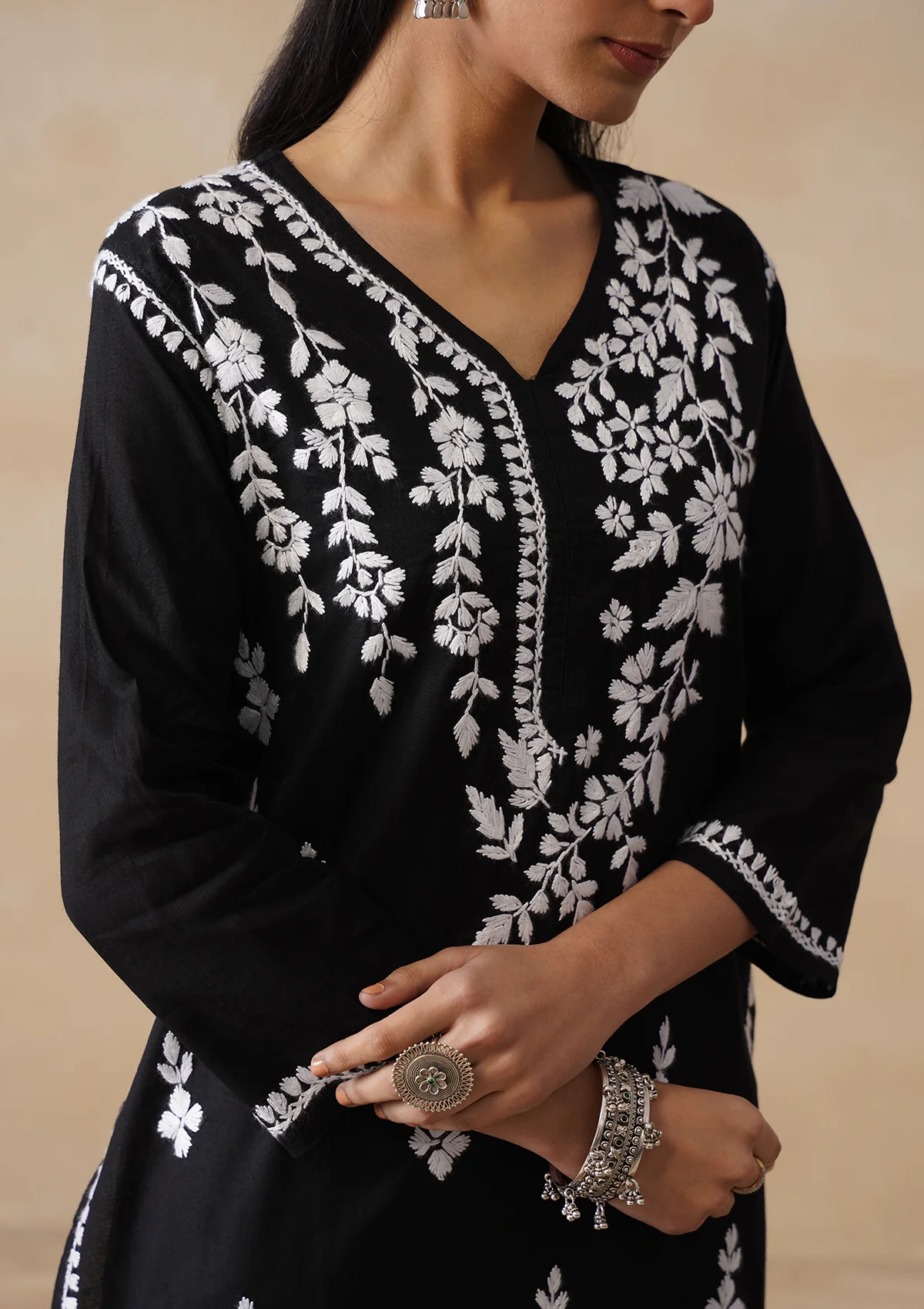 HOC Cotton Chikankari Solid Women's Short Kurta - Black - Image 6