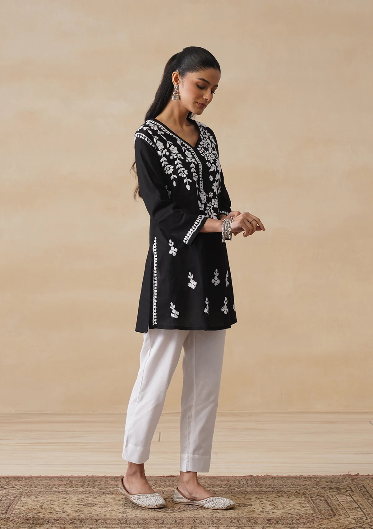 HOC Cotton Chikankari Solid Women's Short Kurta - Black - Image 7