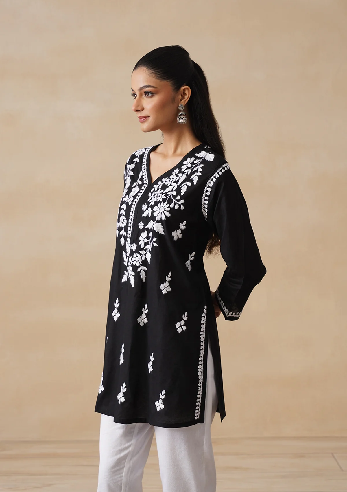 HOC Cotton Chikankari Solid Women's Short Kurta - Black - Image 8