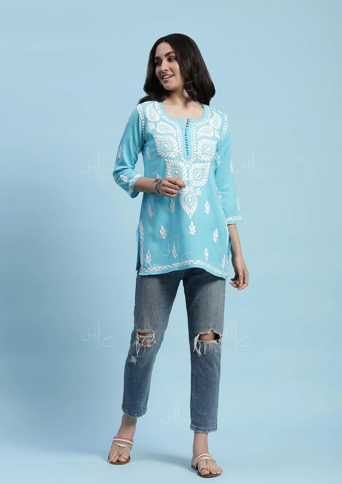 Cotton Chikankari Solid Women's Short Kurta - Blue - Image 2