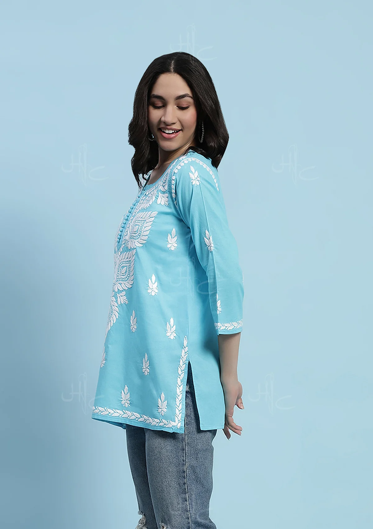 Cotton Chikankari Solid Women's Short Kurta - Blue - Image 3