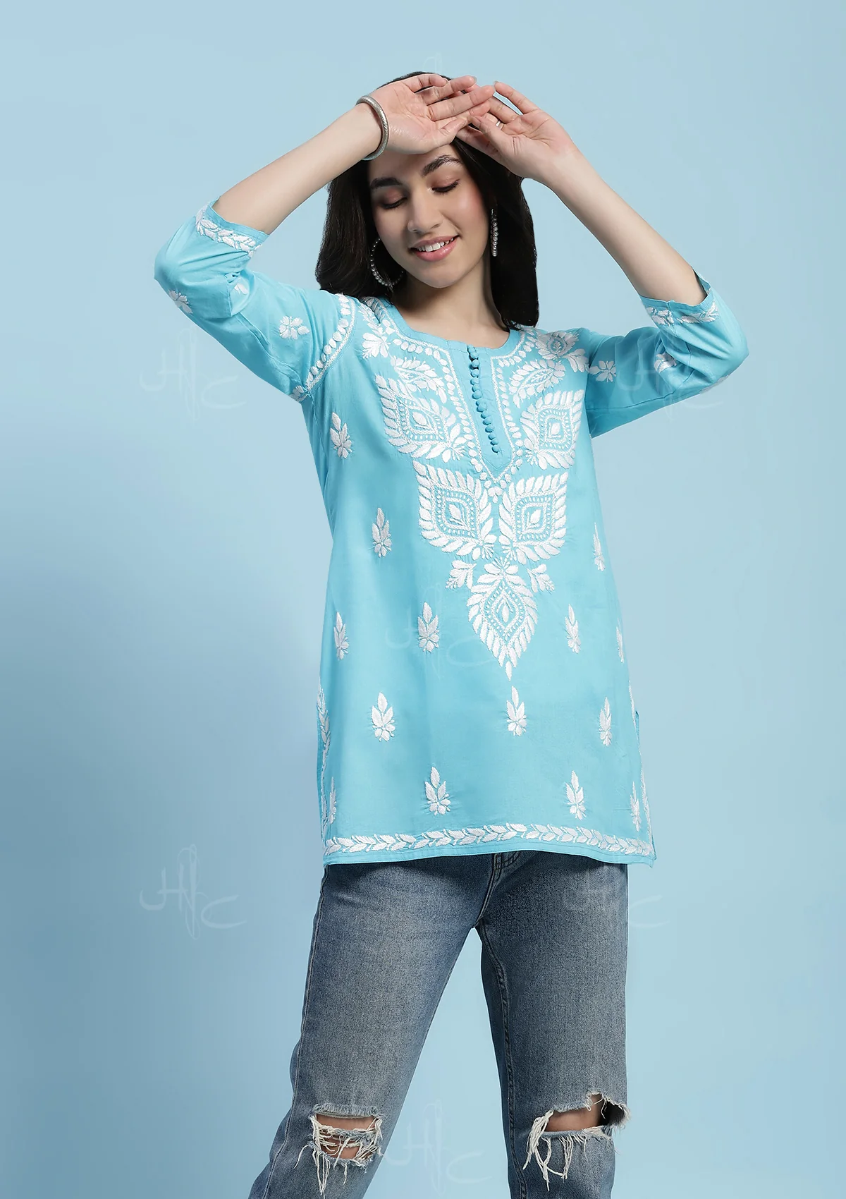 Cotton Chikankari Solid Women's Short Kurta - Blue - Image 4