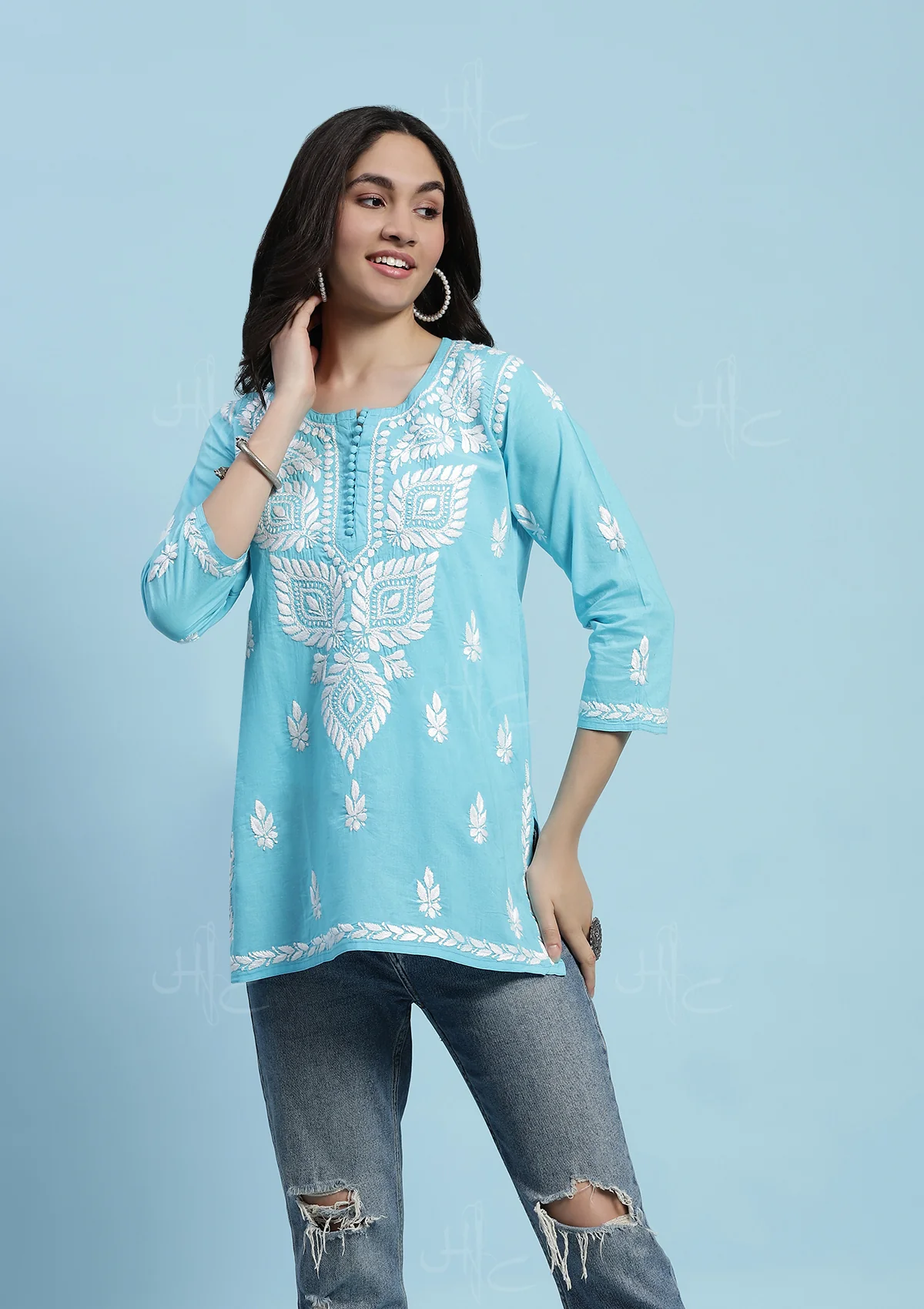 Cotton Chikankari Solid Women's Short Kurta - Blue - Image 5