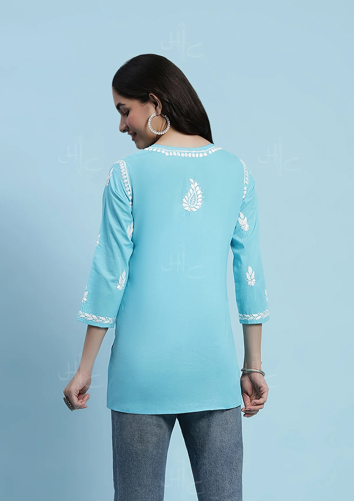 Cotton Chikankari Solid Women's Short Kurta - Blue - Image 6