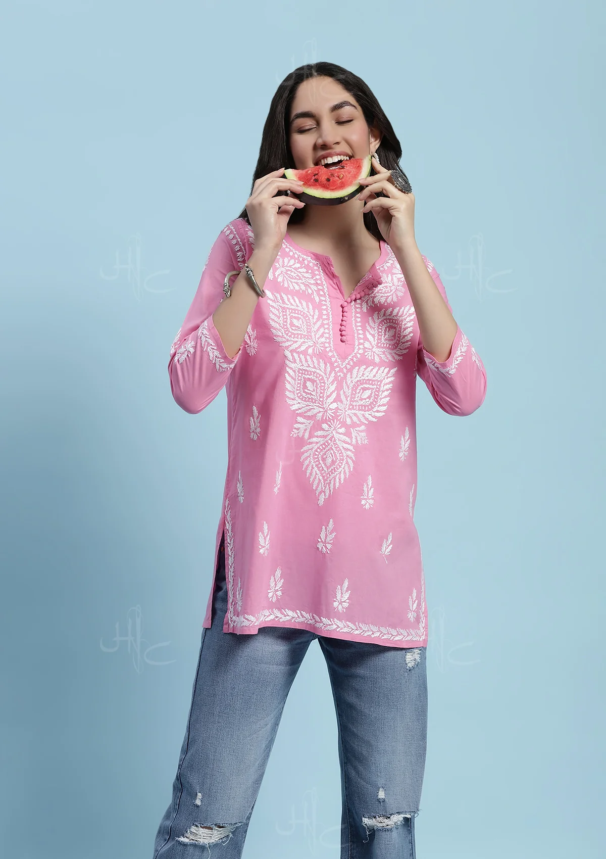 Cotton Chikankari Solid Women's Short Kurta - Pink