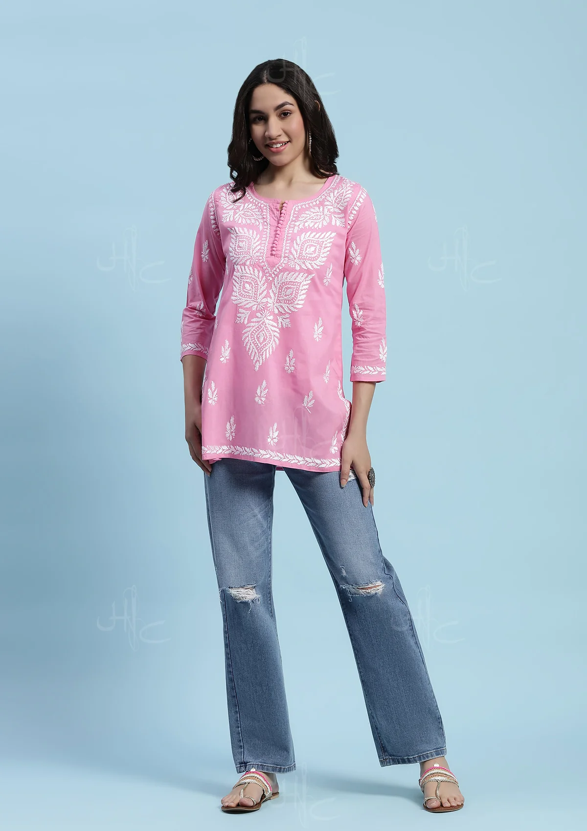 Cotton Chikankari Solid Women's Short Kurta - Pink - Image 2