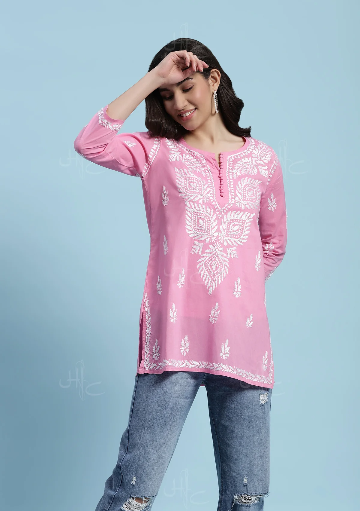 Cotton Chikankari Solid Women's Short Kurta - Pink - Image 4