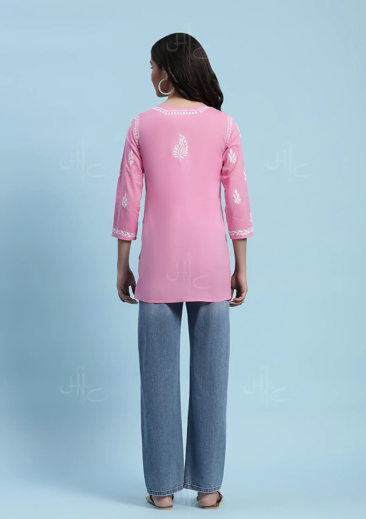 Cotton Chikankari Solid Women's Short Kurta - Pink - Image 5