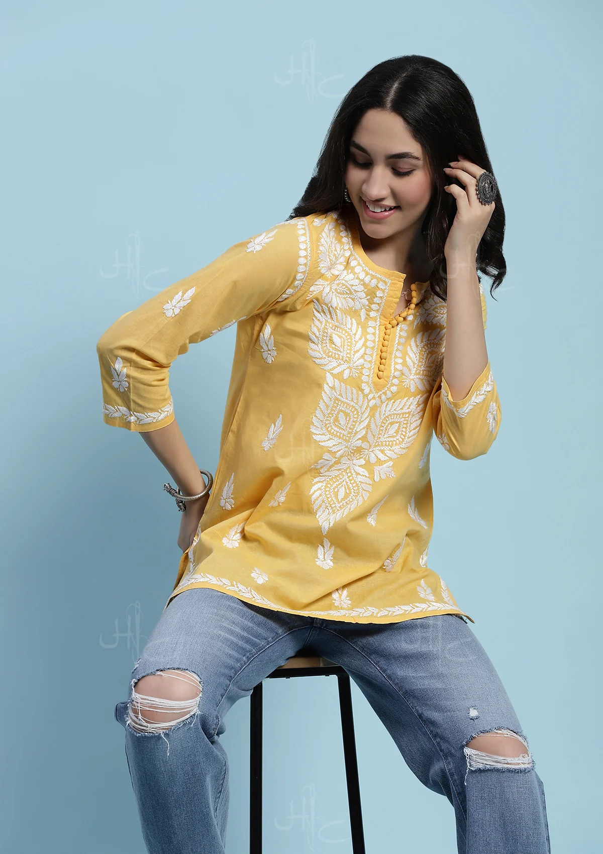 Cotton Chikankari Solid Women's Short Kurta - Yellow