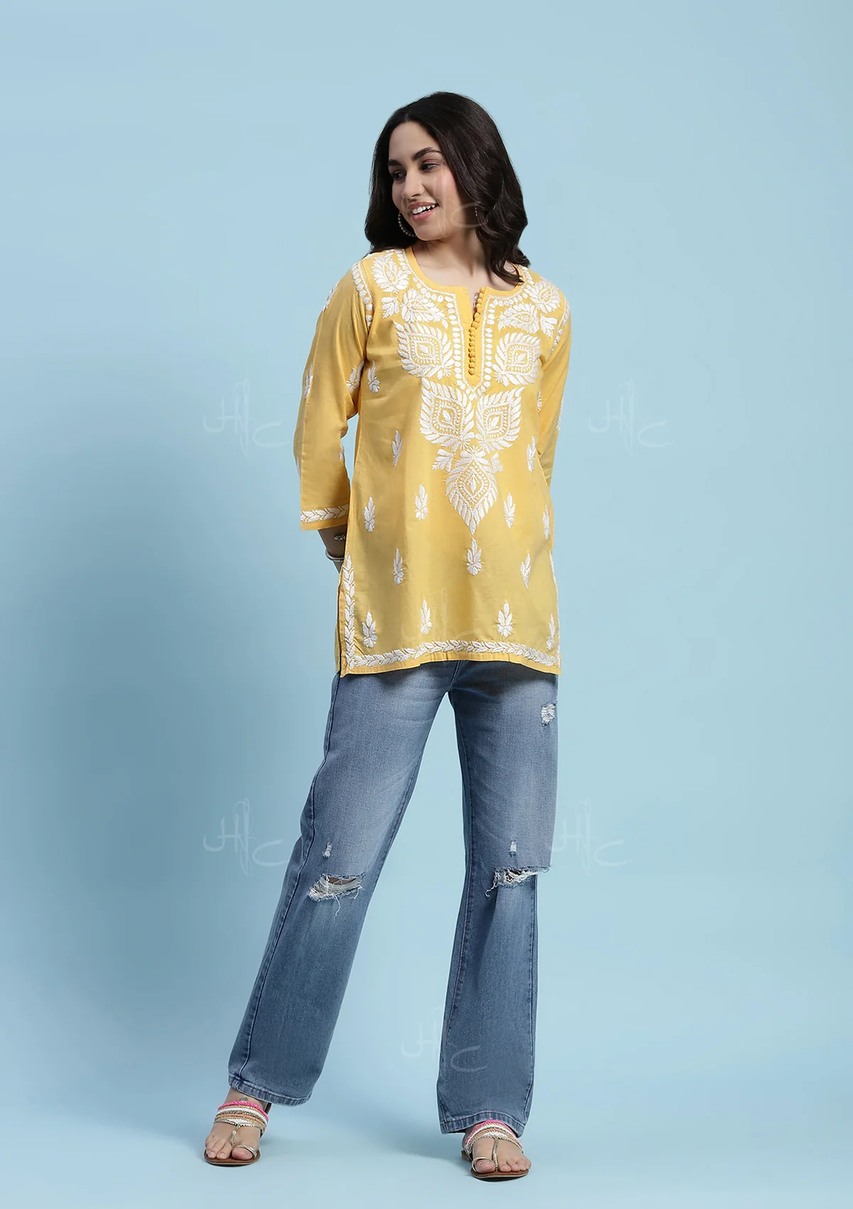 Cotton Chikankari Solid Women's Short Kurta - Yellow - Image 2