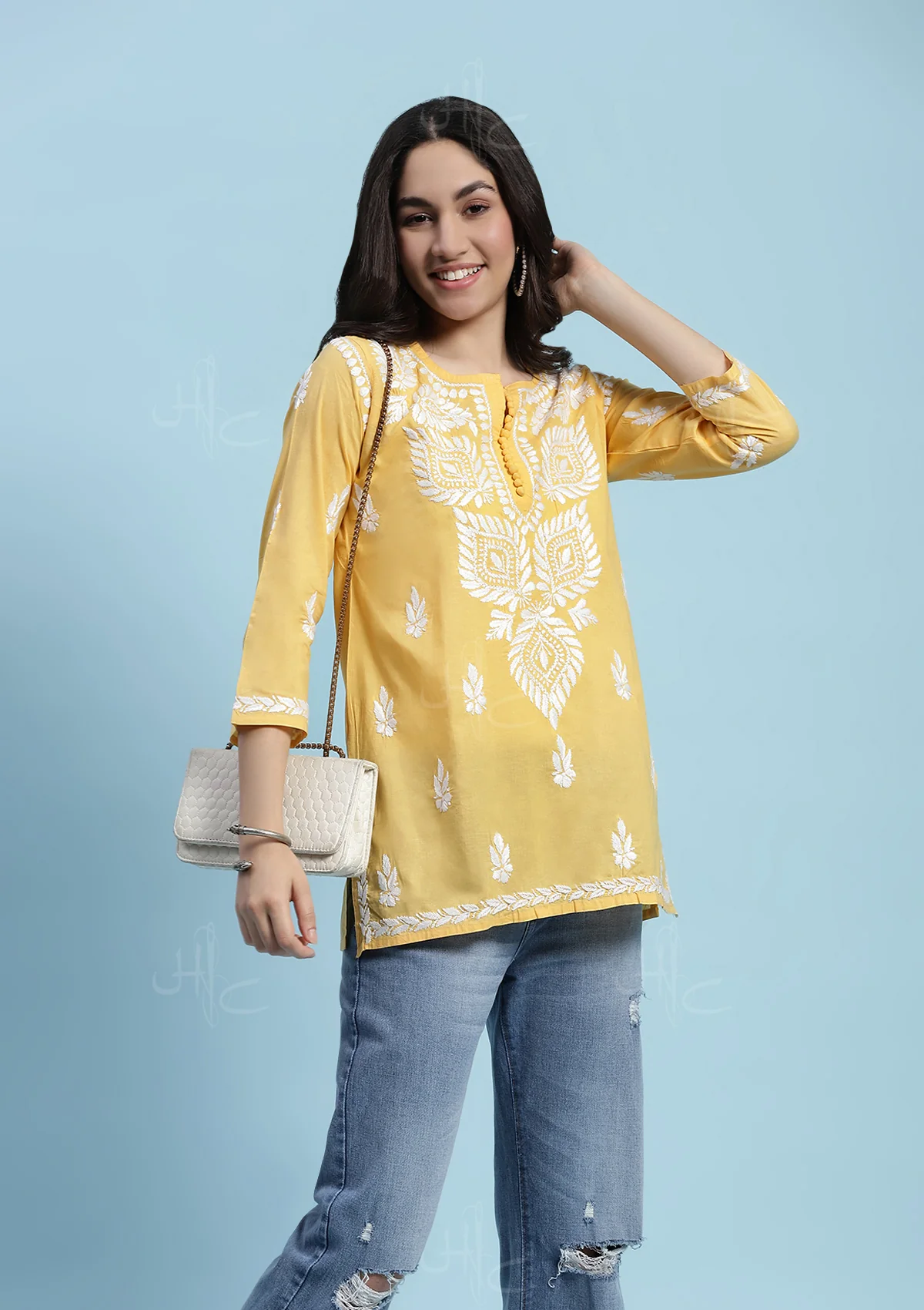 Cotton Chikankari Solid Women's Short Kurta - Yellow - Image 3