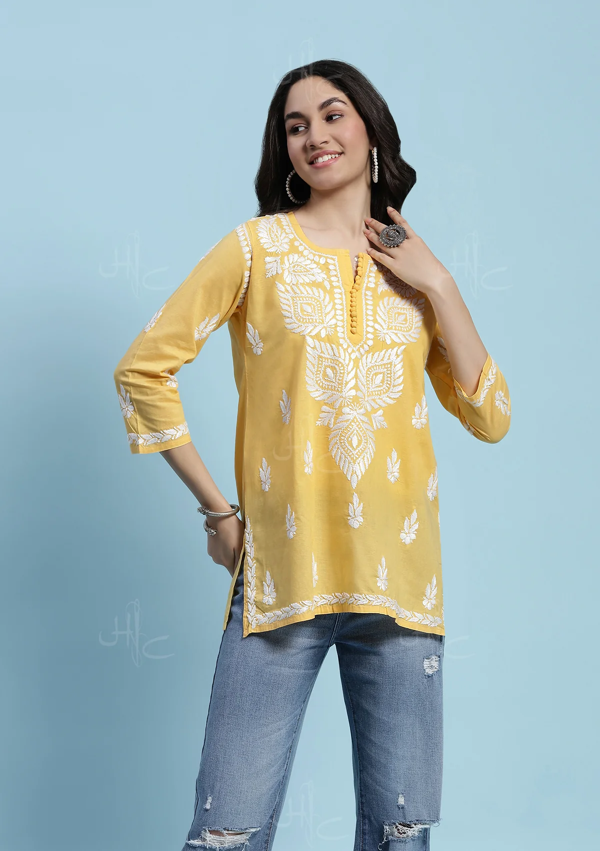 Cotton Chikankari Solid Women's Short Kurta - Yellow - Image 4