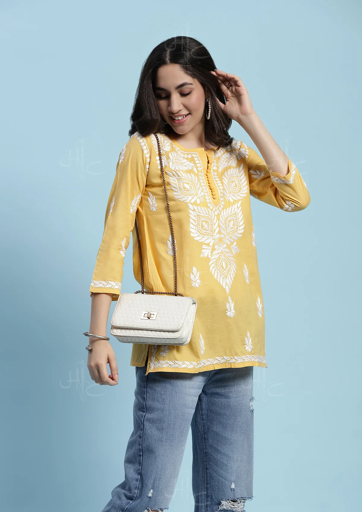 Cotton Chikankari Solid Women's Short Kurta - Yellow - Image 5