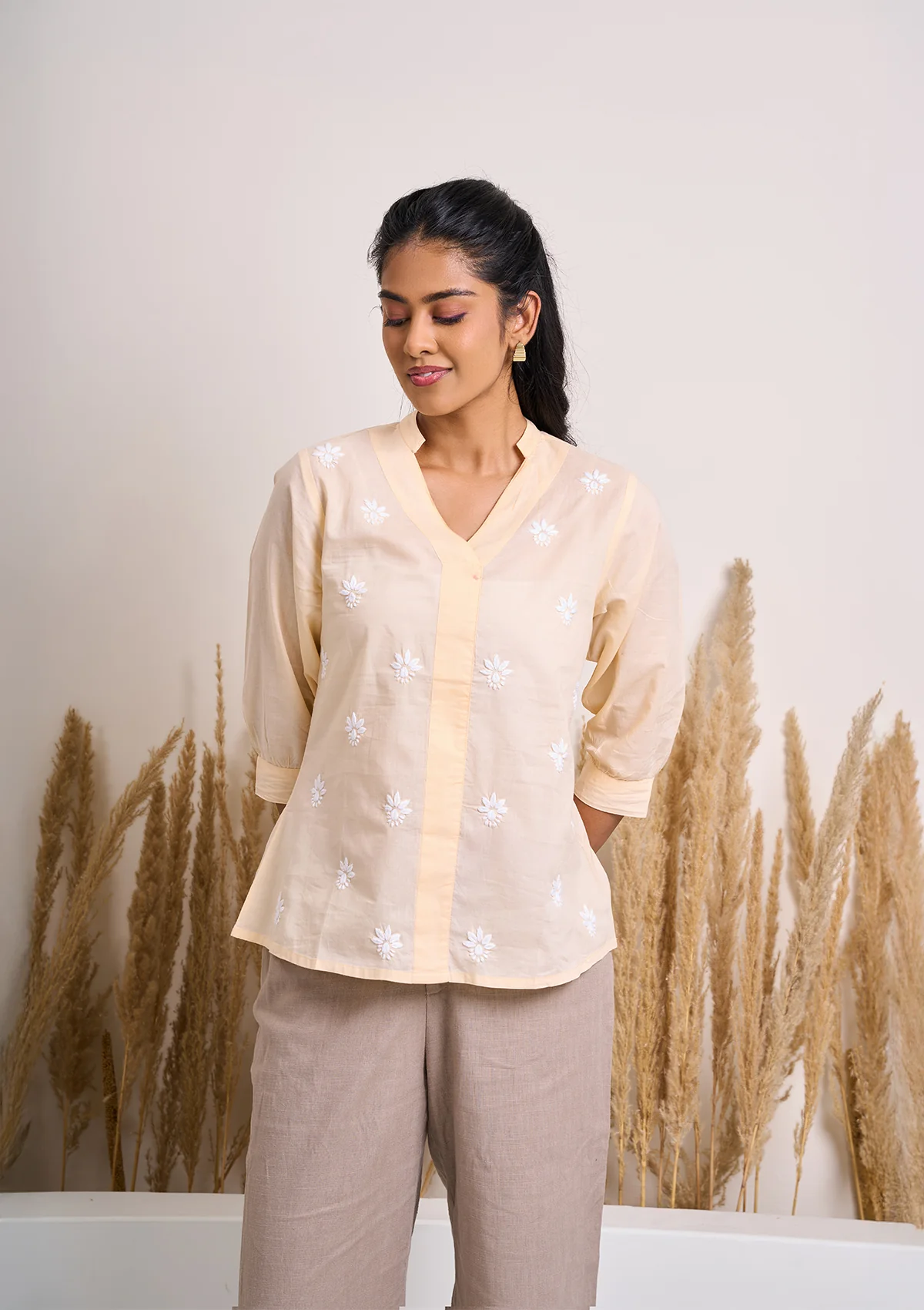 HOC Cotton Chikankari Solid Women's Top - Beige - Image 3