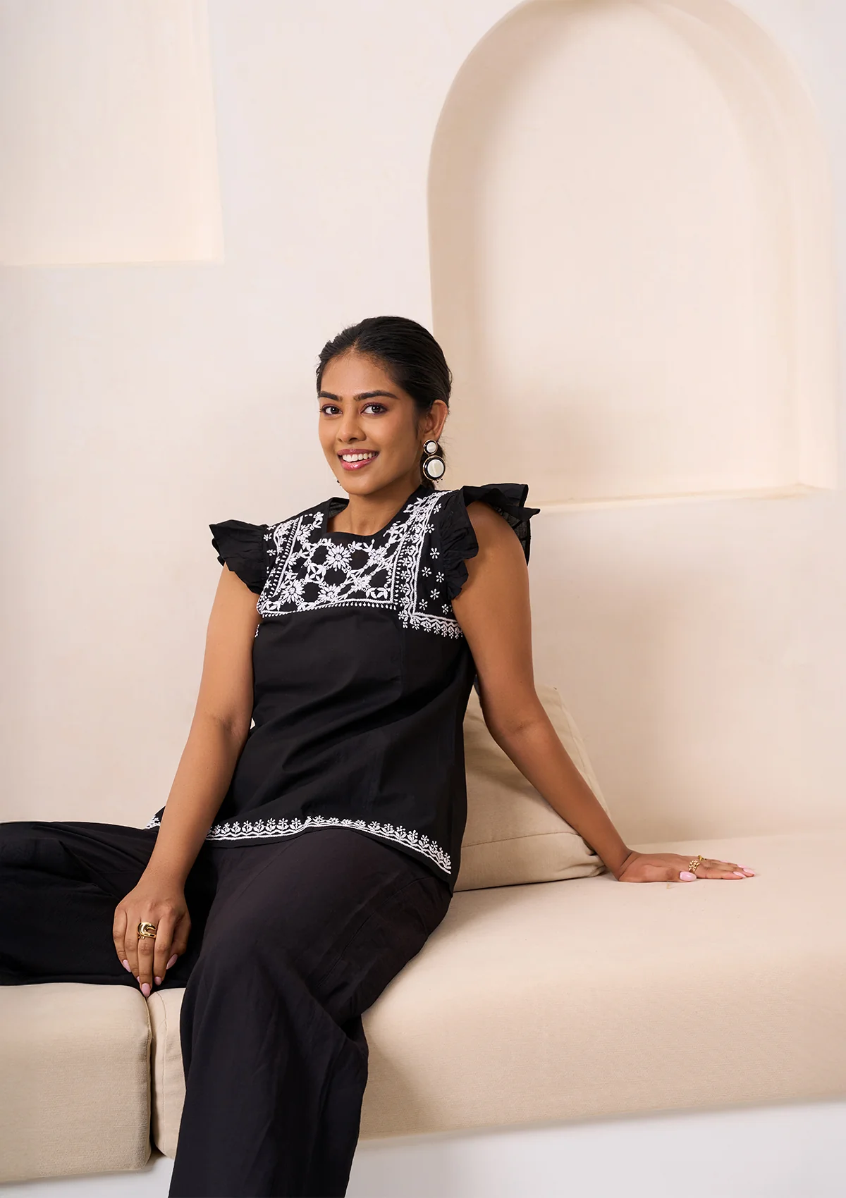HOC Cotton Chikankari Solid Women's Top - Black - Image 5