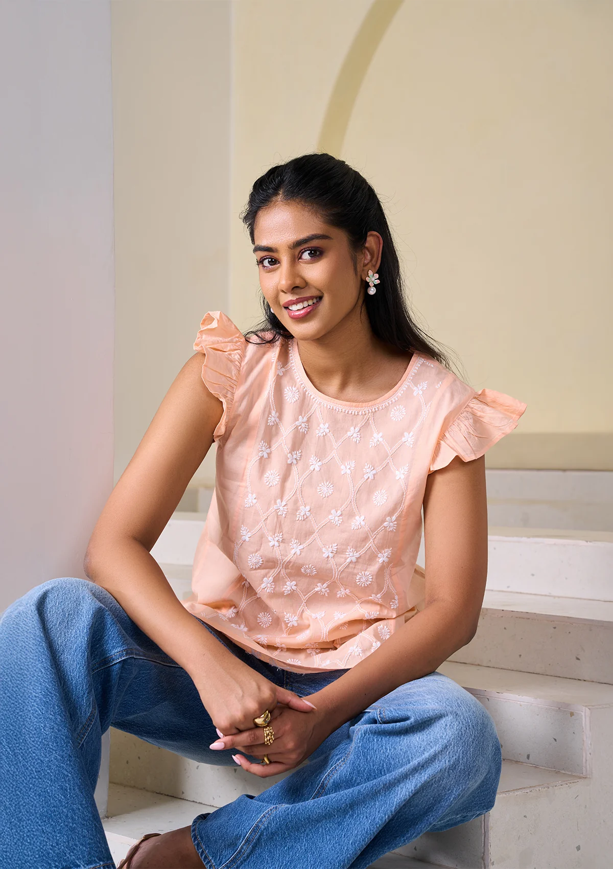 HOC Cotton Chikankari Solid Women's Top - Peach - Image 3