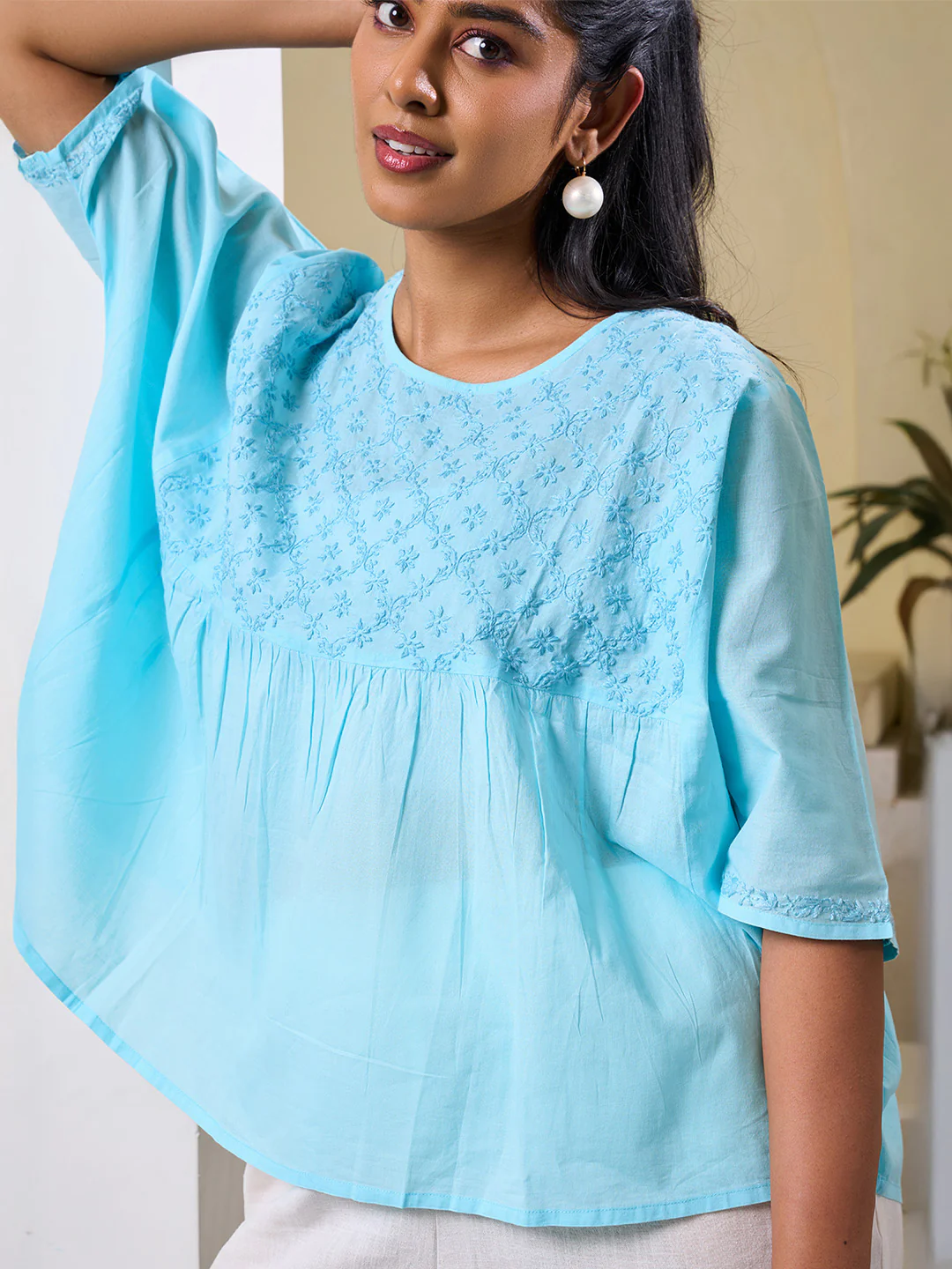 HOC Cotton Chikankari Solid Women's Top - Powder Blue - Image 4