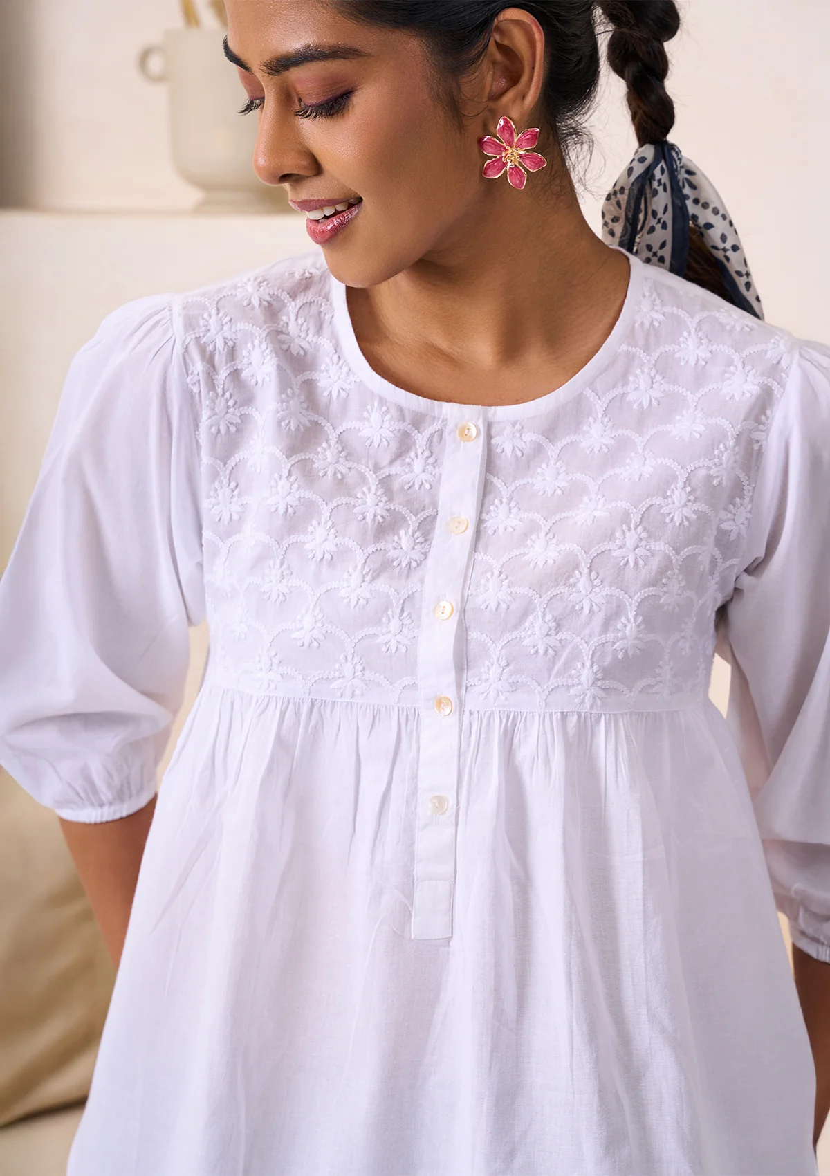 HOC Cotton Chikankari Solid Women's Top - White - Image 3