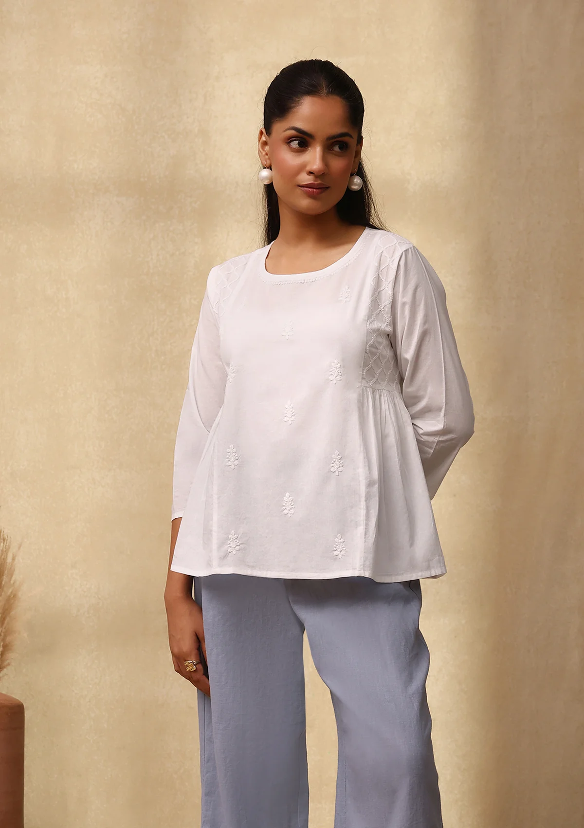 HOC Cotton Chikankari Solid Women's Top - White - Image 5