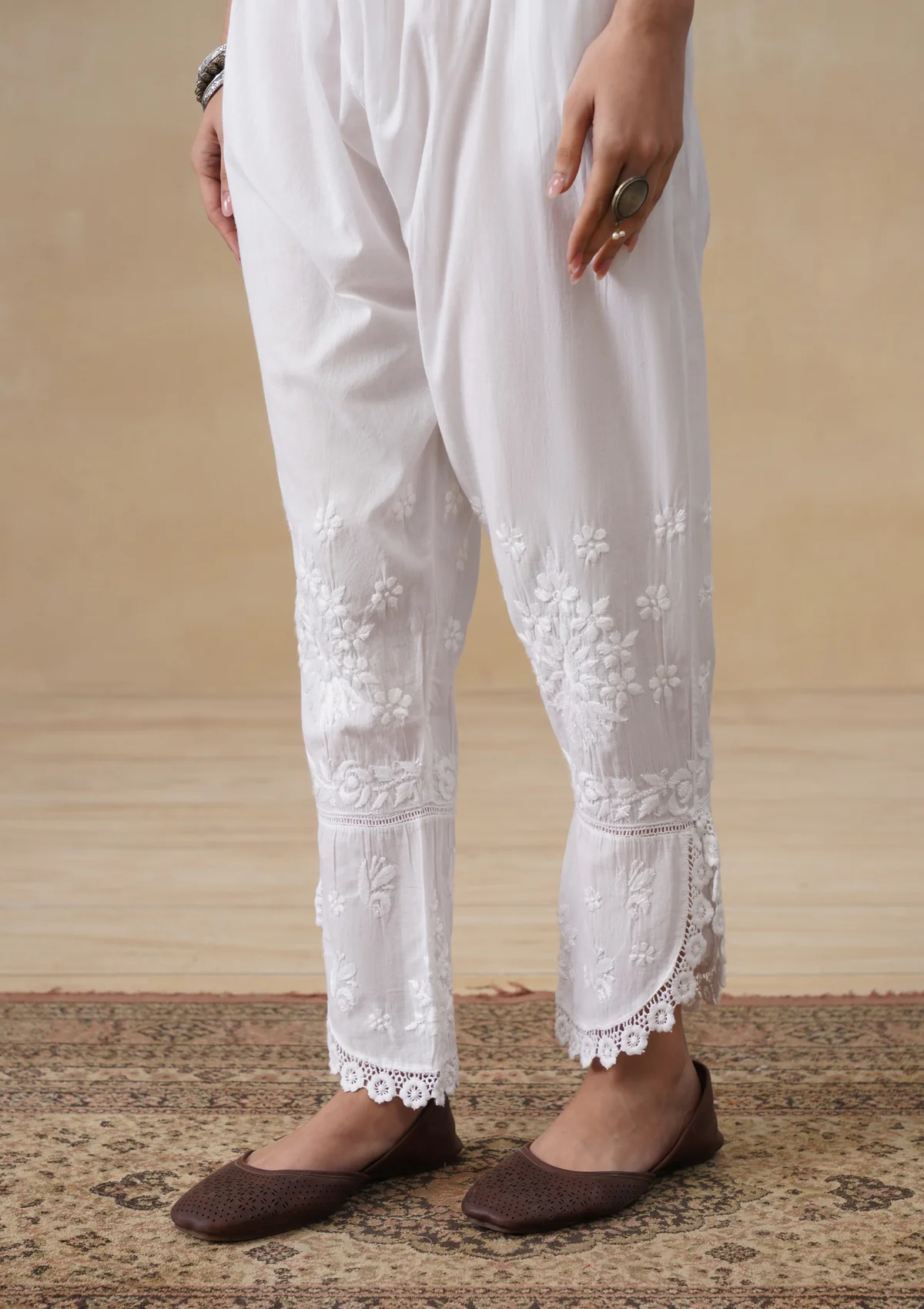 HOC Cotton Chikankari Solid Women's Tulip Pants - White - Image 5