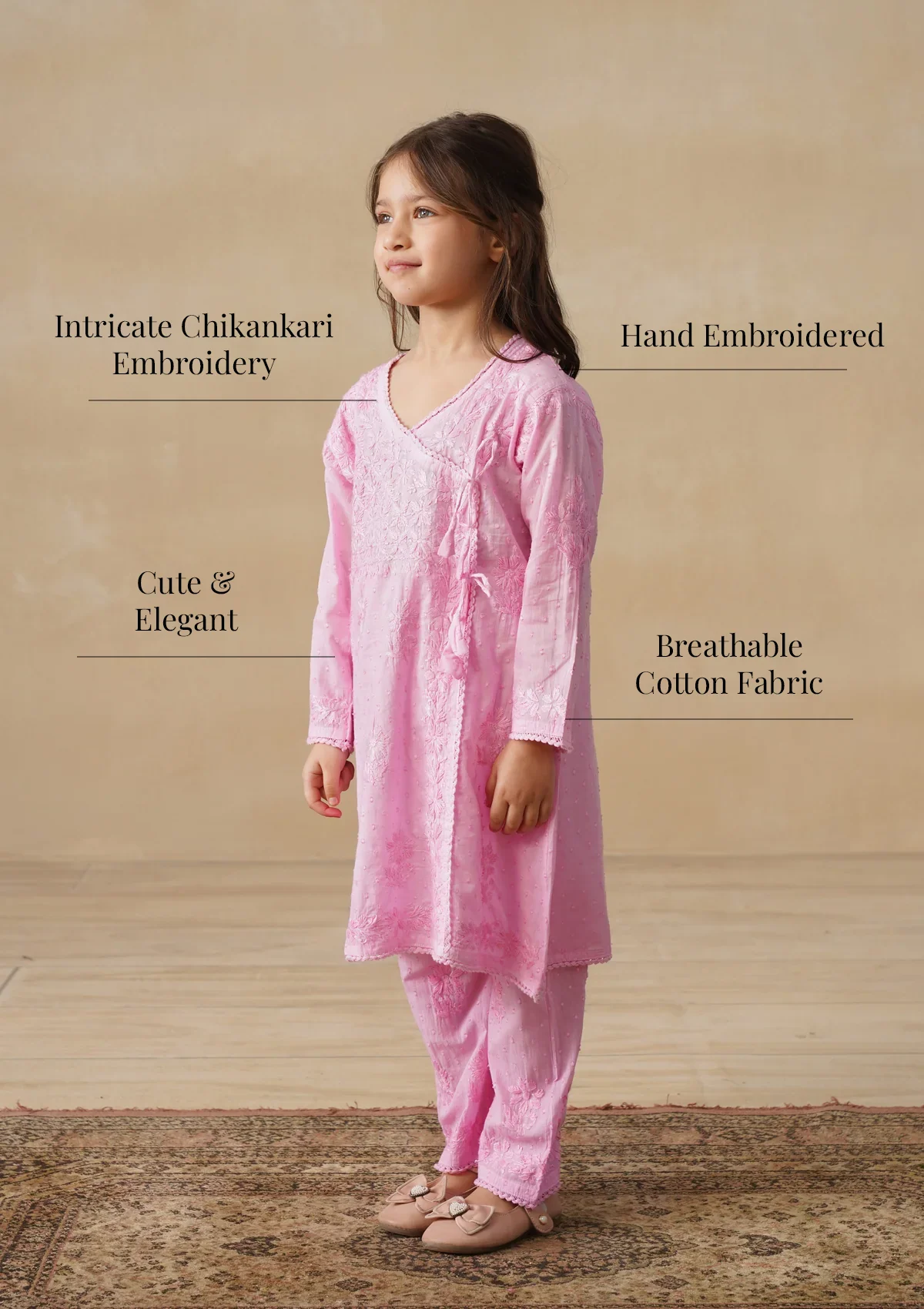 HOC Cotton Dobby Chikankari Solid Girls 2 PC Long Angrakha Kurta Set - Pink - Image 10