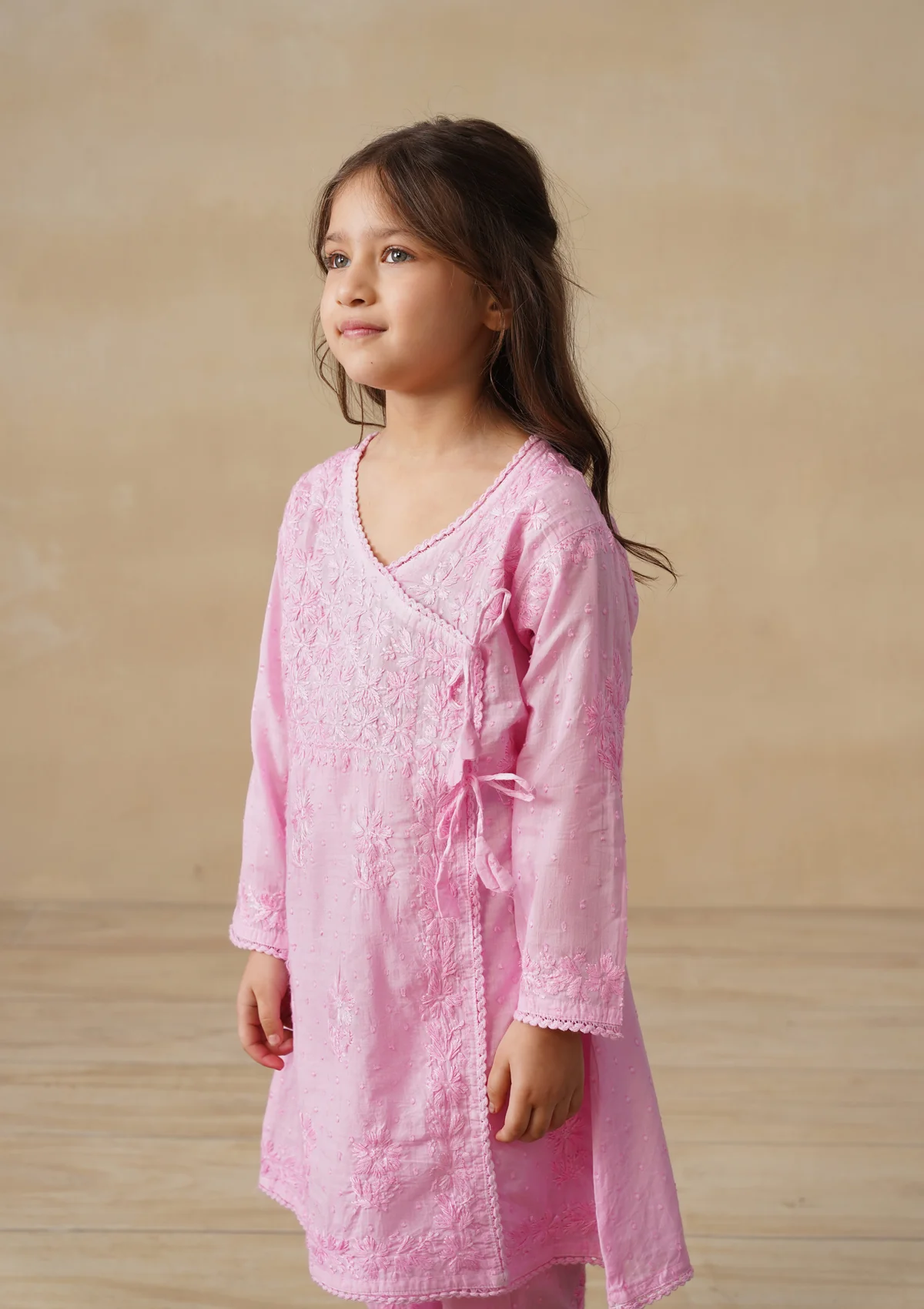 HOC Cotton Dobby Chikankari Solid Girls 2 PC Long Angrakha Kurta Set - Pink - Image 3