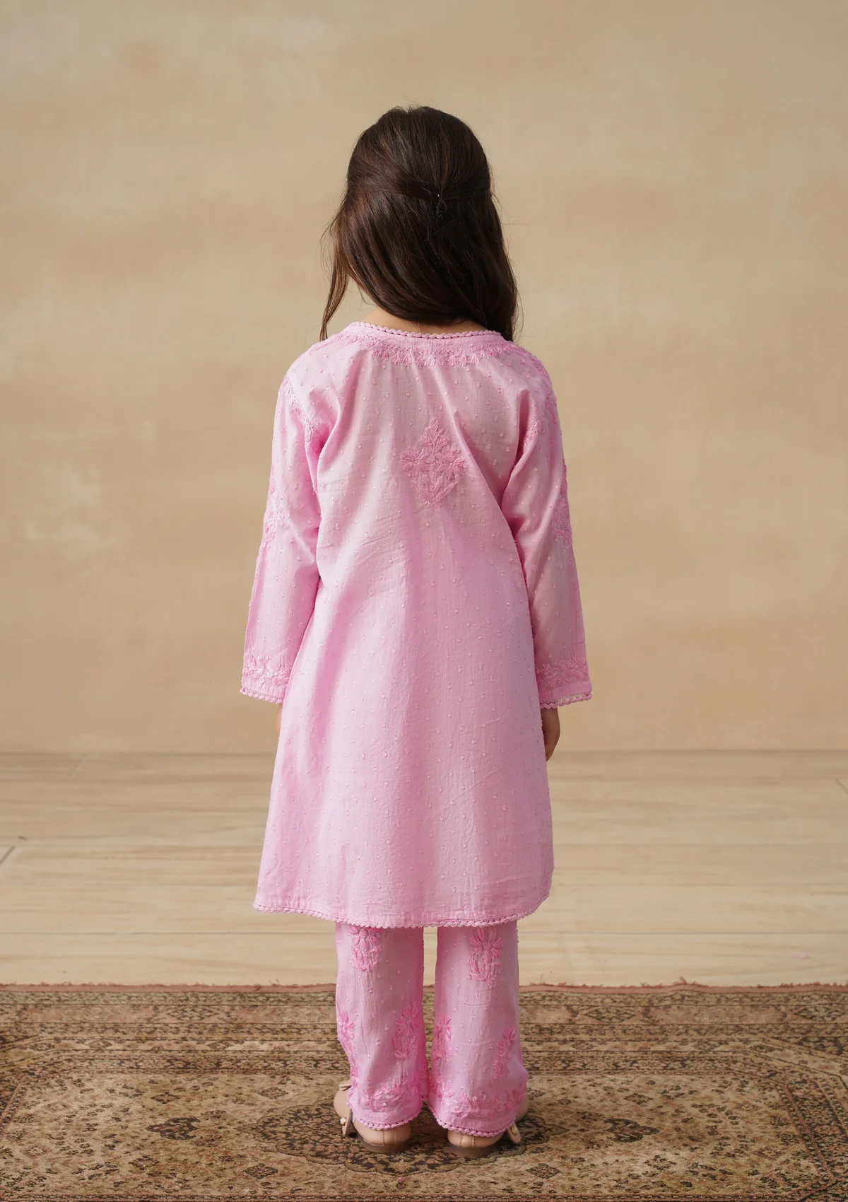 HOC Cotton Dobby Chikankari Solid Girls 2 PC Long Angrakha Kurta Set - Pink - Image 5