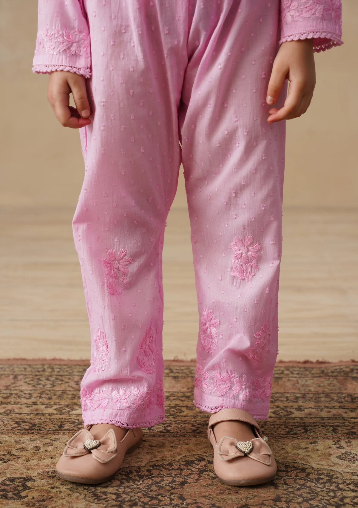 HOC Cotton Dobby Chikankari Solid Girls 2 PC Long Angrakha Kurta Set - Pink - Image 6