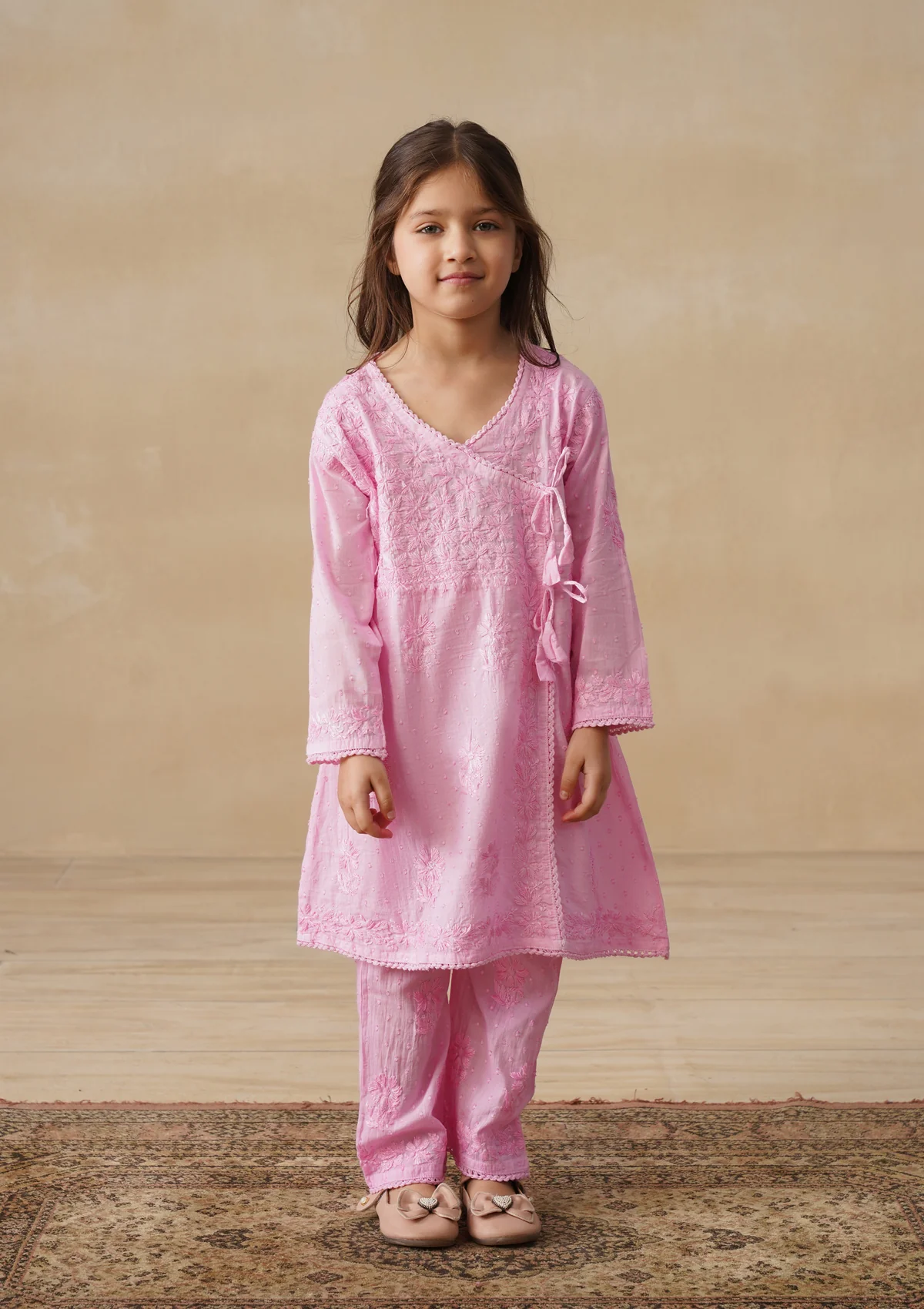 HOC Cotton Dobby Chikankari Solid Girls 2 PC Long Angrakha Kurta Set - Pink - Image 9