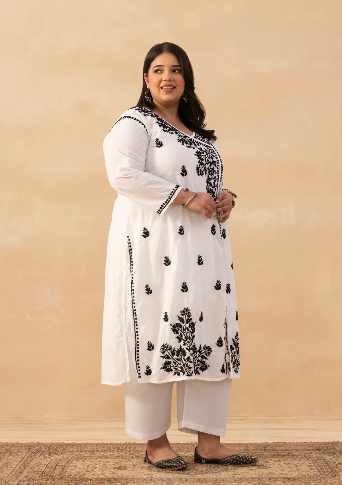 HOC Cotton Dobby Chikankari Solid Women's Long Angrakha Kurta - White - Image 3