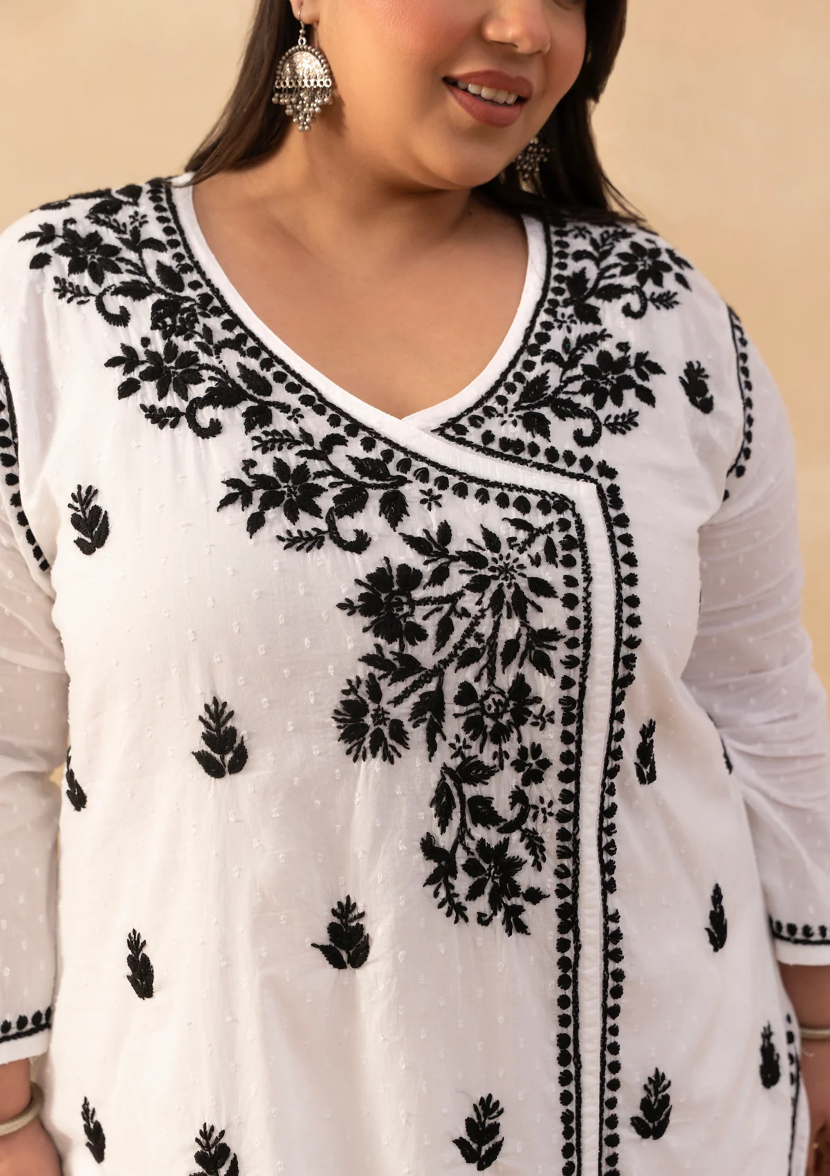 HOC Cotton Dobby Chikankari Solid Women's Long Angrakha Kurta - White - Image 4