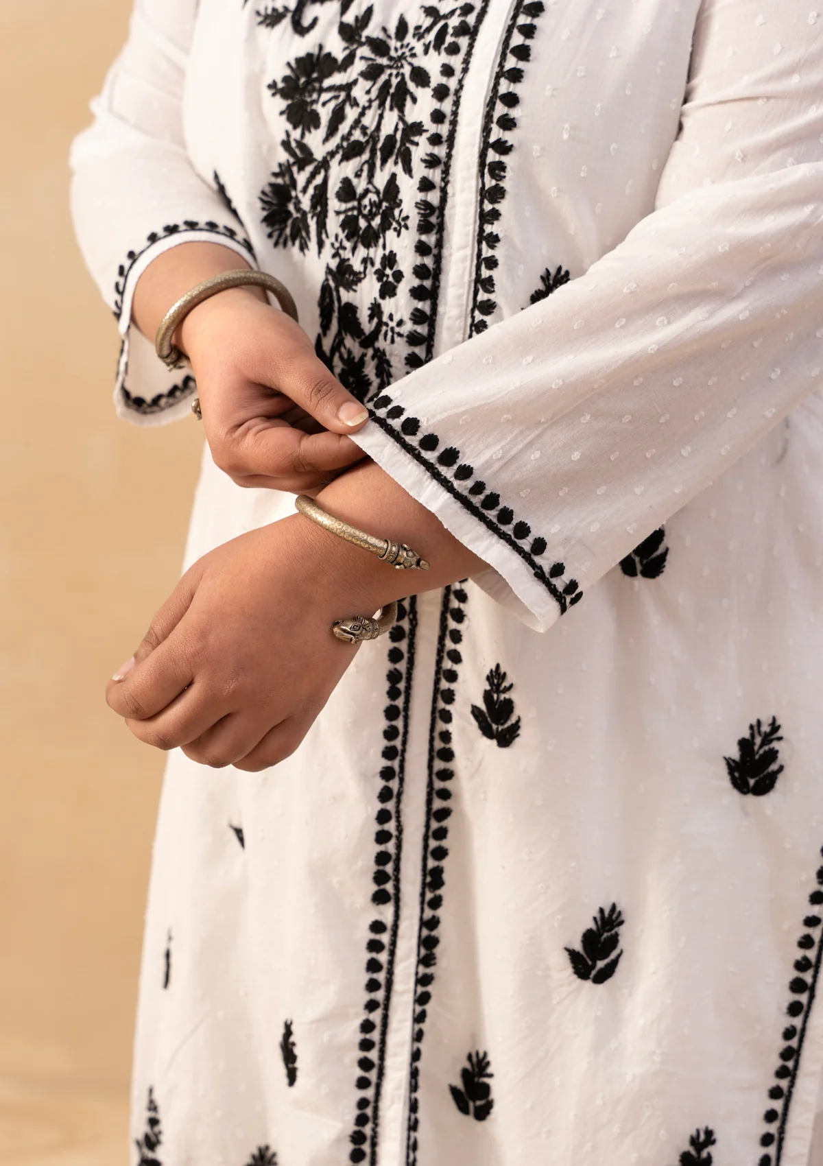 HOC Cotton Dobby Chikankari Solid Women's Long Angrakha Kurta - White - Image 5