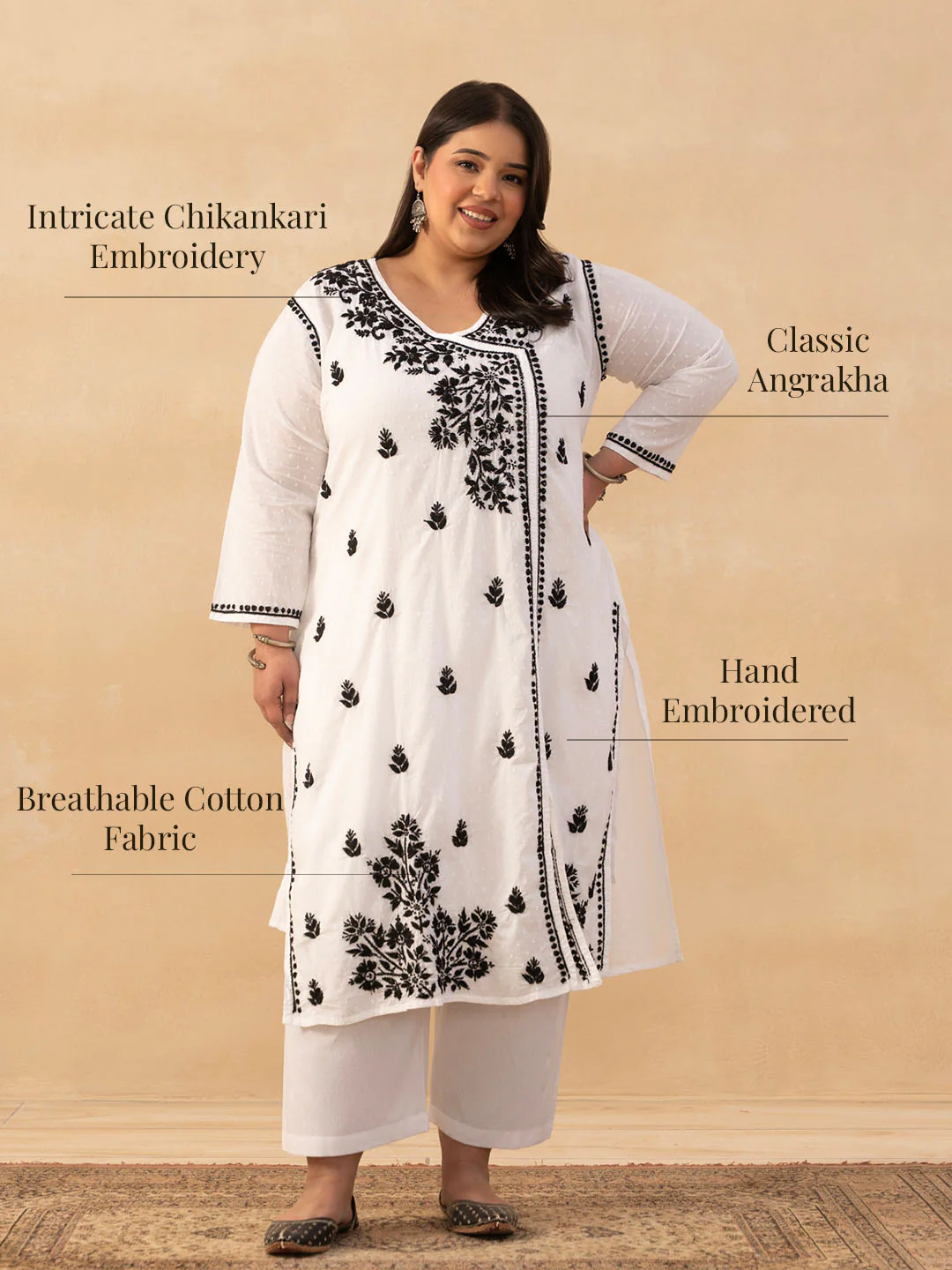HOC Cotton Dobby Chikankari Solid Women's Long Angrakha Kurta - White - Image 7